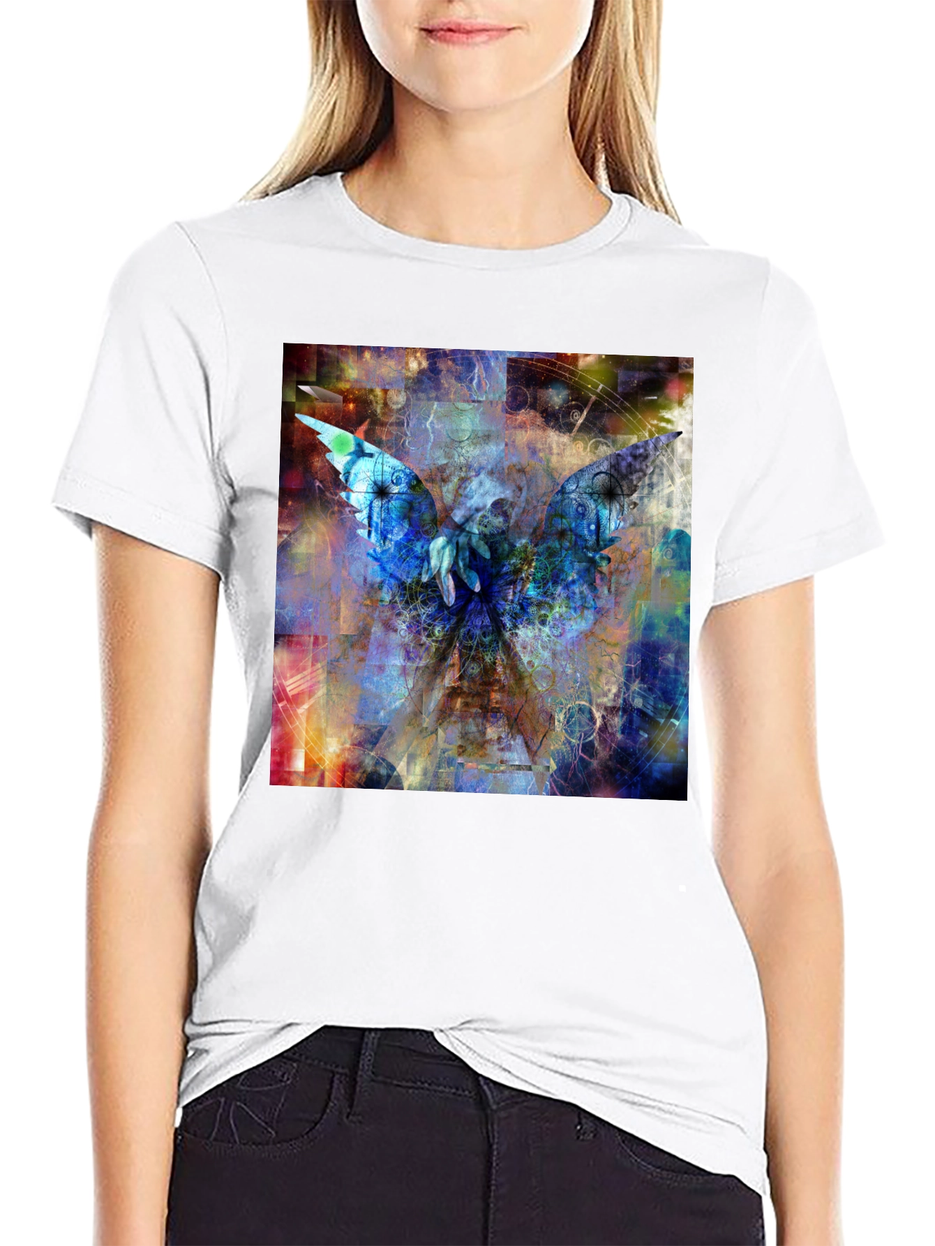 Abstract Angel Wings Graphic Black T-Shirt