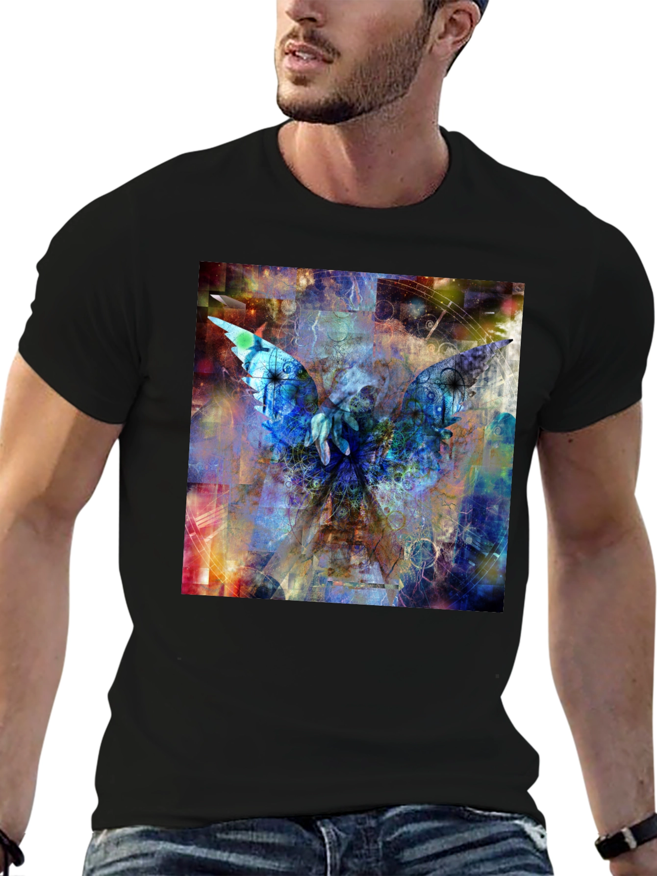 Abstract Angel Wings Graphic Black T-Shirt