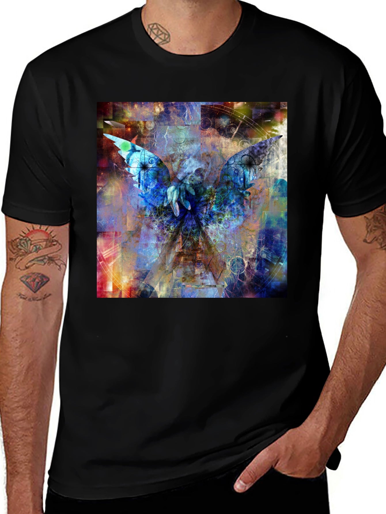 Abstract Angel Wings Graphic Black T-Shirt