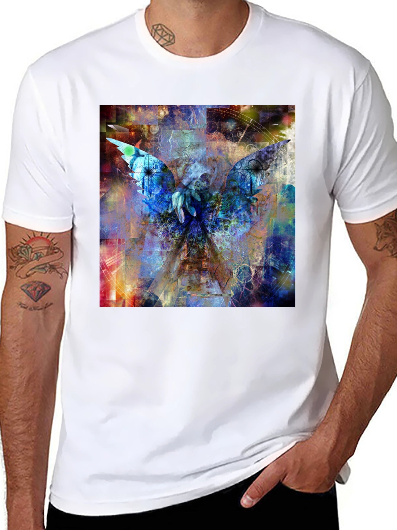 Abstract Angel Wings Graphic Black T-Shirt