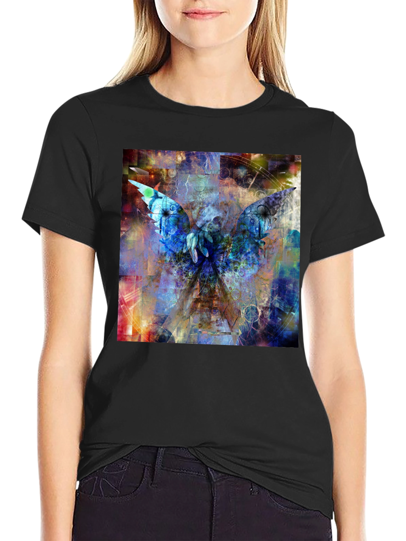 Abstract Angel Wings Graphic Black T-Shirt