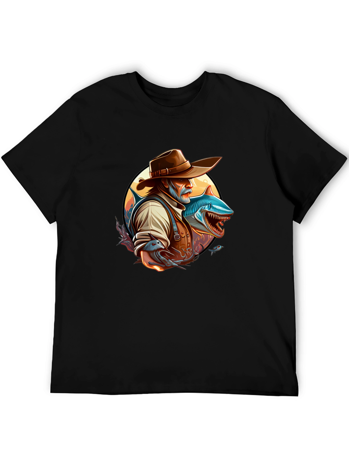 Shark Fisherman Graphic Tee - Black Cotton Blend