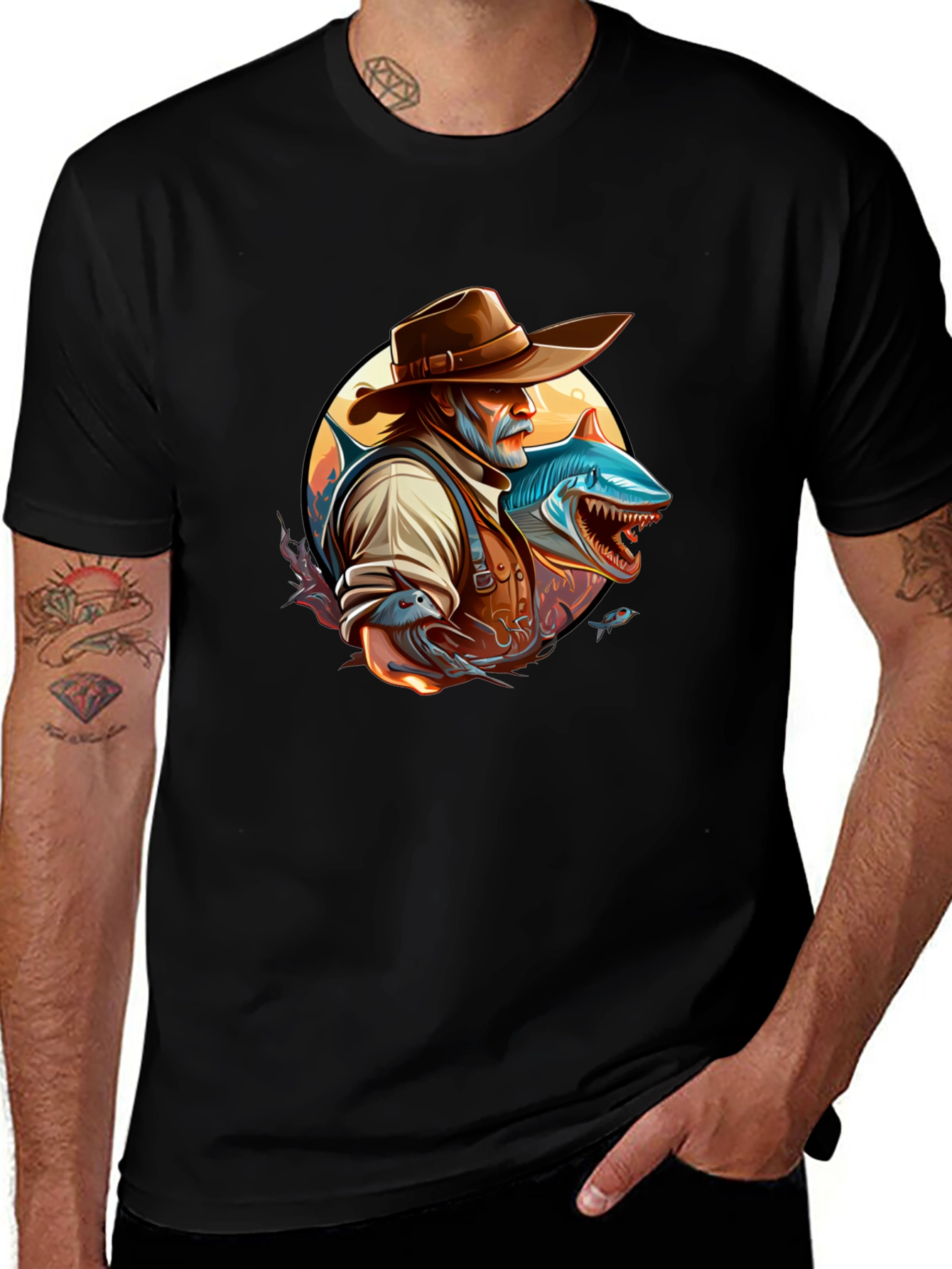 Shark Fisherman Graphic Tee - Black Cotton Blend
