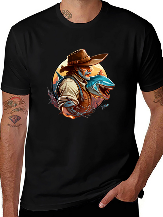 Shark Fisherman Graphic Tee - Black Cotton Blend
