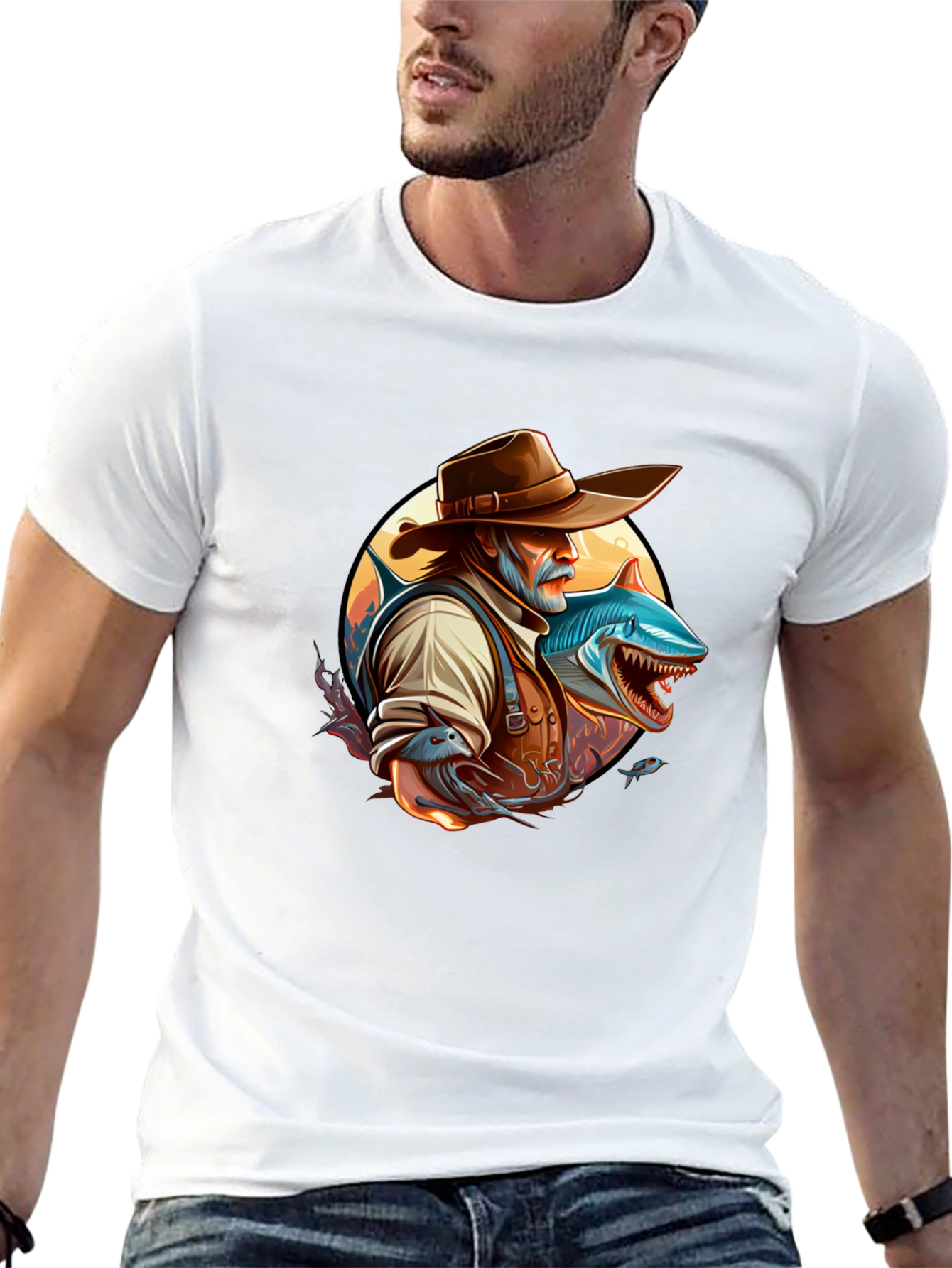 Shark Fisherman Graphic Tee - Black Cotton Blend