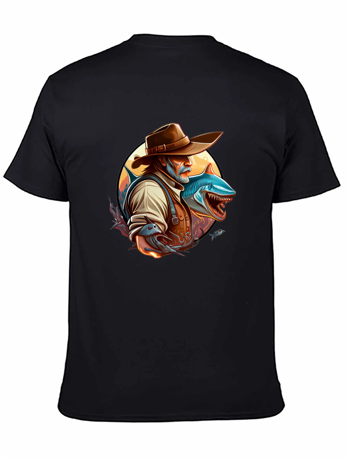Shark Fisherman Graphic Tee - Black Cotton Blend