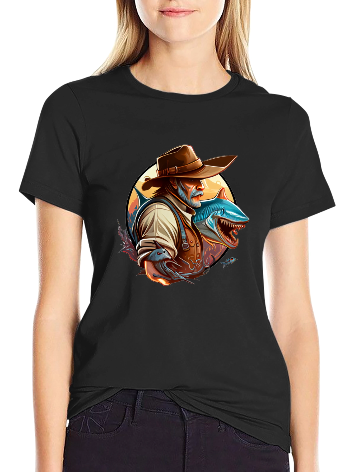 Shark Fisherman Graphic Tee - Black Cotton Blend