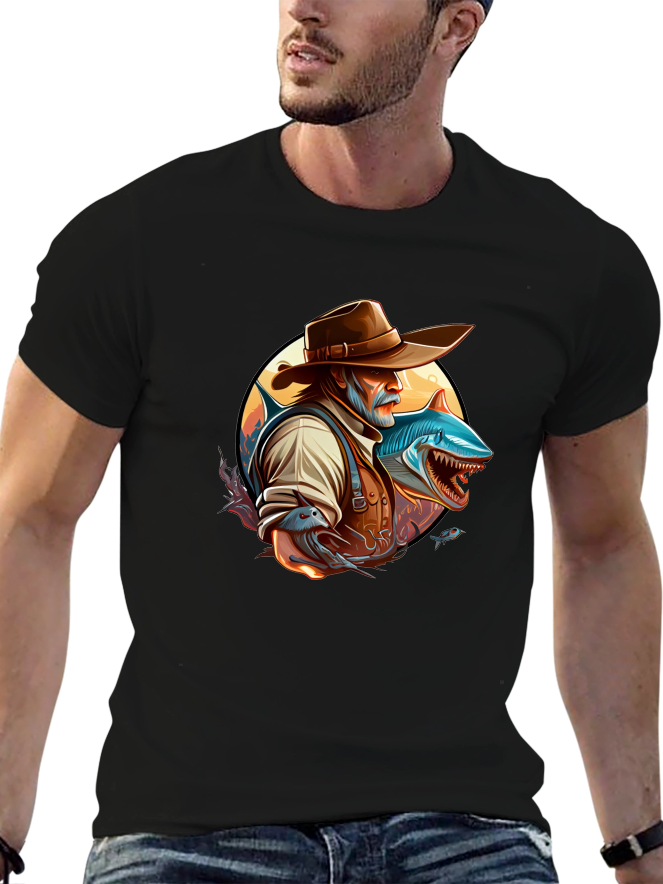 Shark Fisherman Graphic Tee - Black Cotton Blend