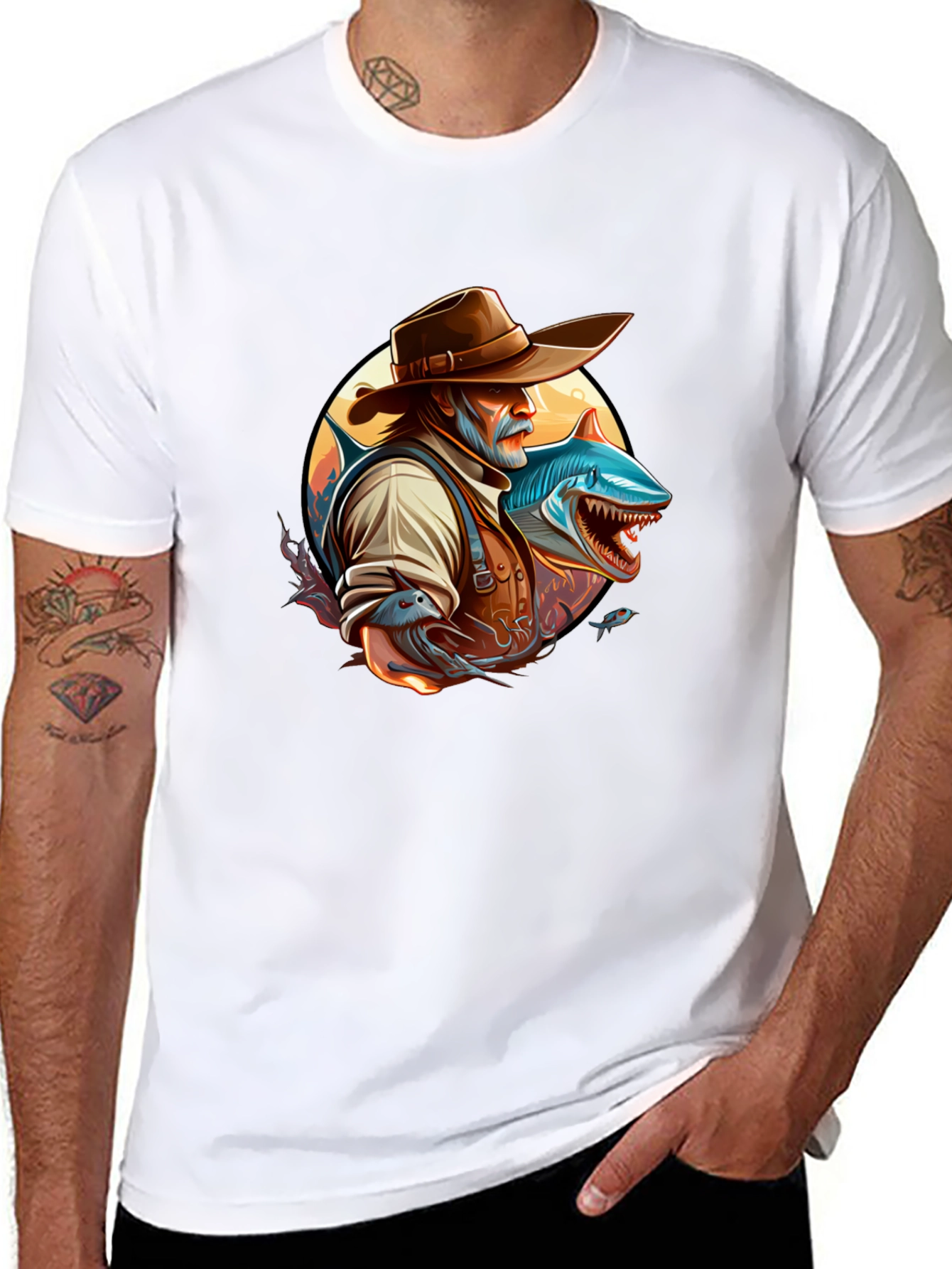Shark Fisherman Graphic Tee - Black Cotton Blend
