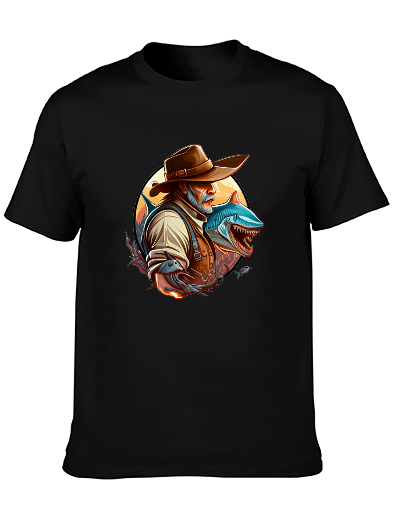 Shark Fisherman Graphic Tee - Black Cotton Blend