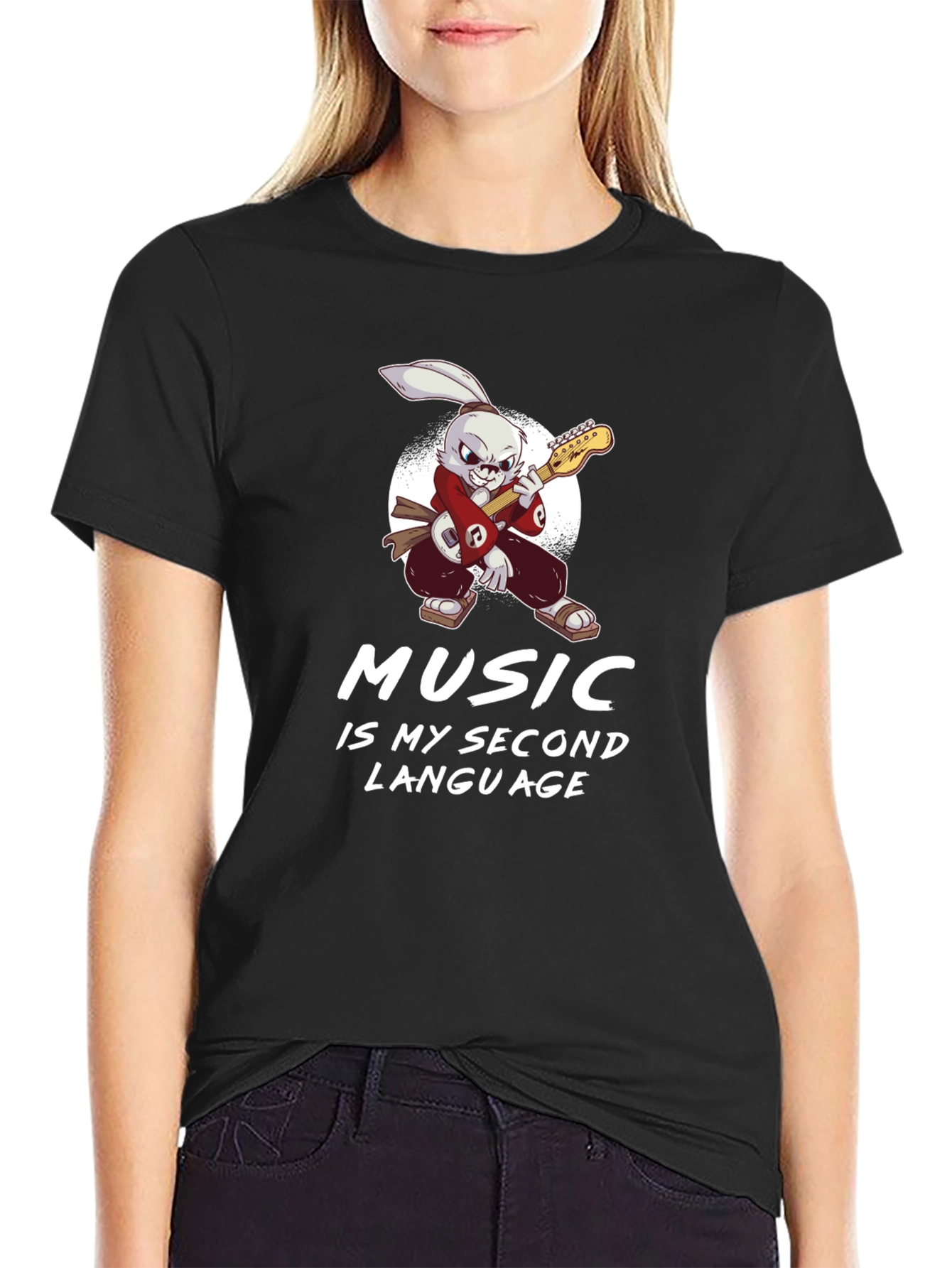 Music Is My Second Language T-Shirt Rabbit Guitarist
