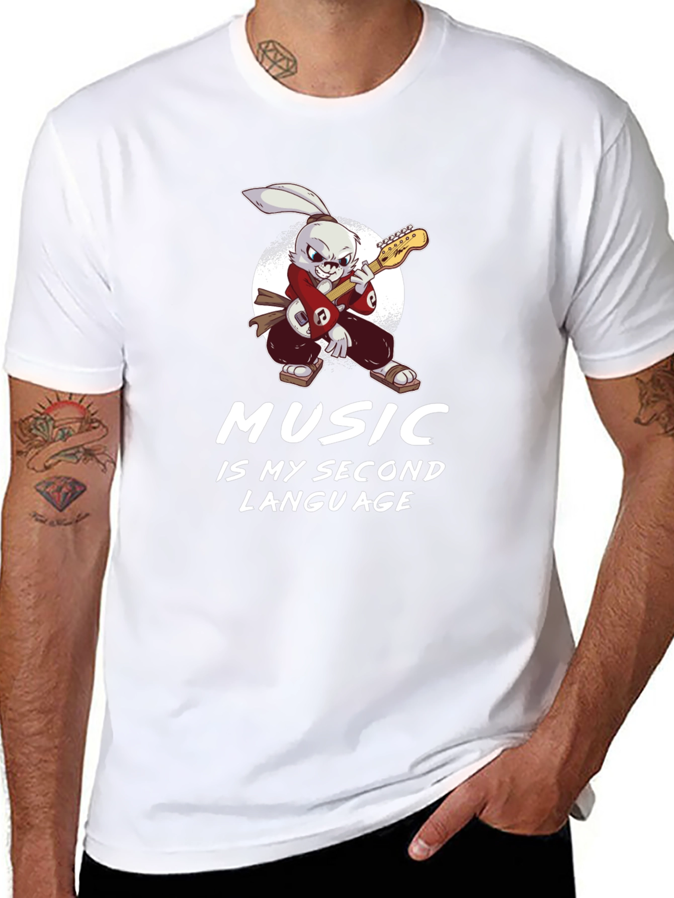 Music Is My Second Language T-Shirt Rabbit Guitarist