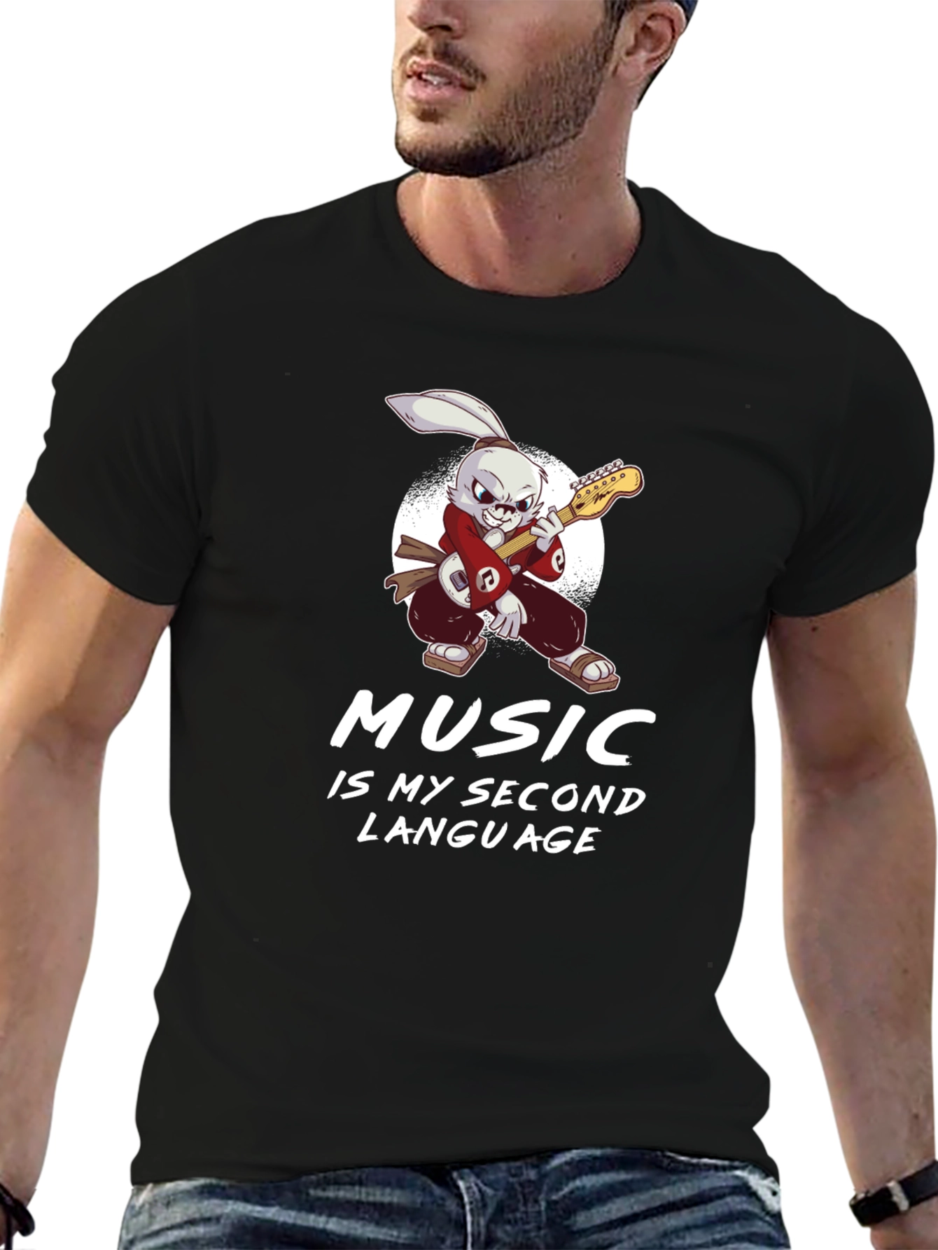 Music Is My Second Language T-Shirt Rabbit Guitarist
