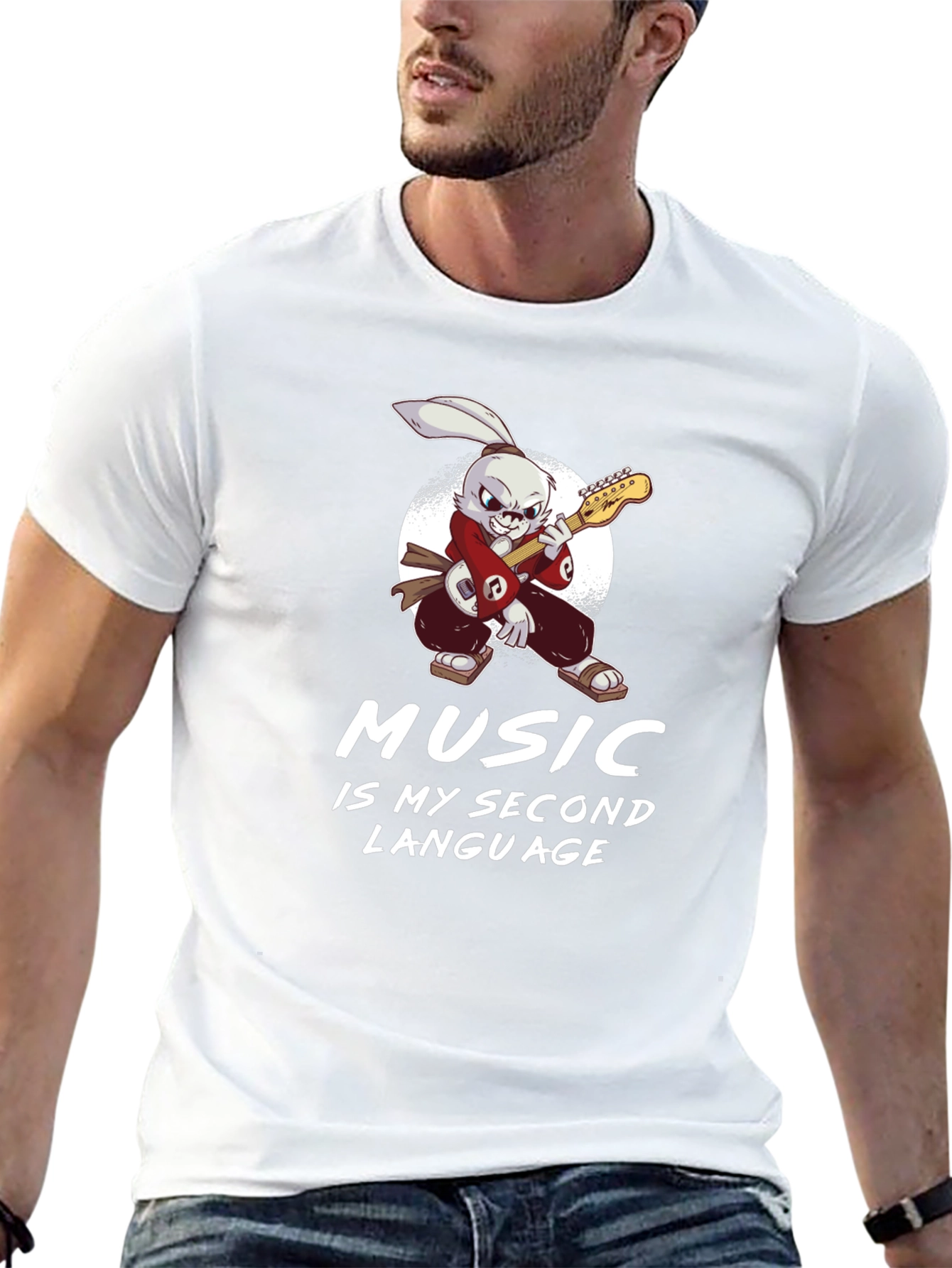 Music Is My Second Language T-Shirt Rabbit Guitarist