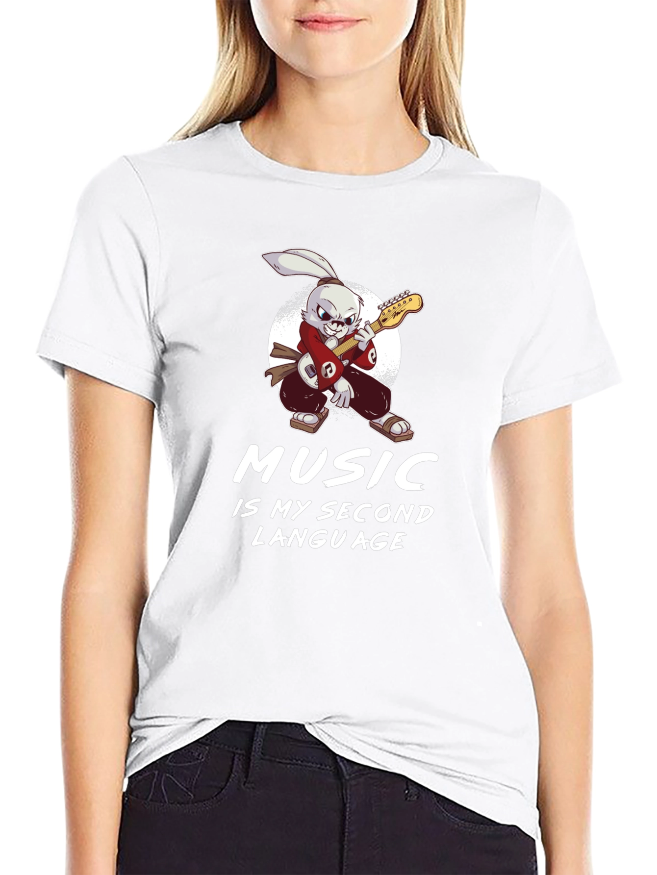 Music Is My Second Language T-Shirt Rabbit Guitarist
