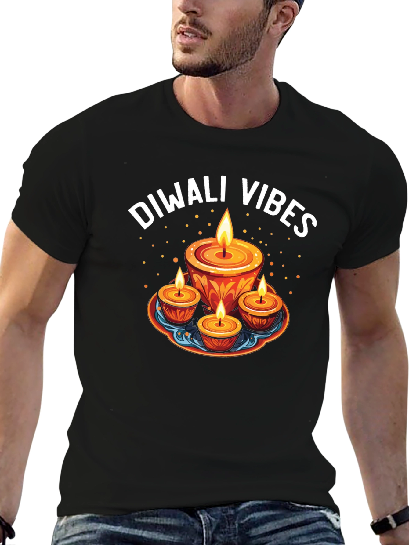 Diwali Vibes Graphic Tee - Festive Candle Design