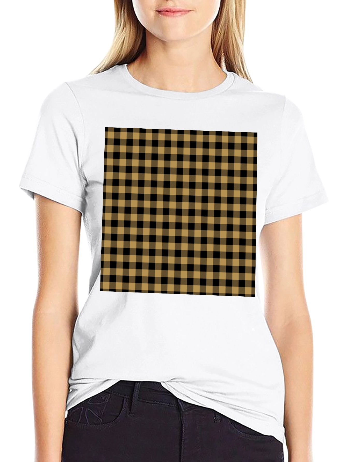 Mens Black Tee with Tan Plaid Design