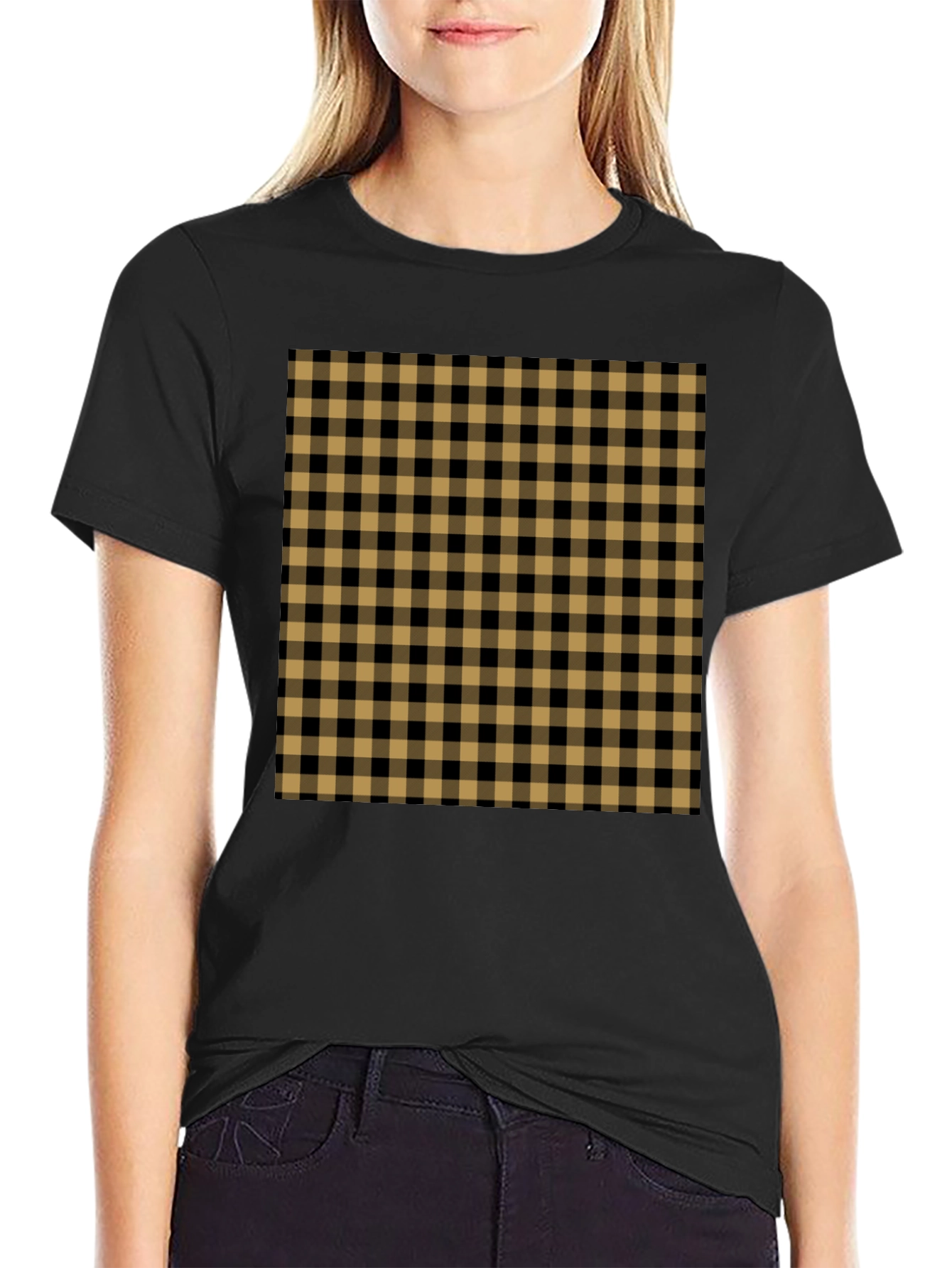 Mens Black Tee with Tan Plaid Design