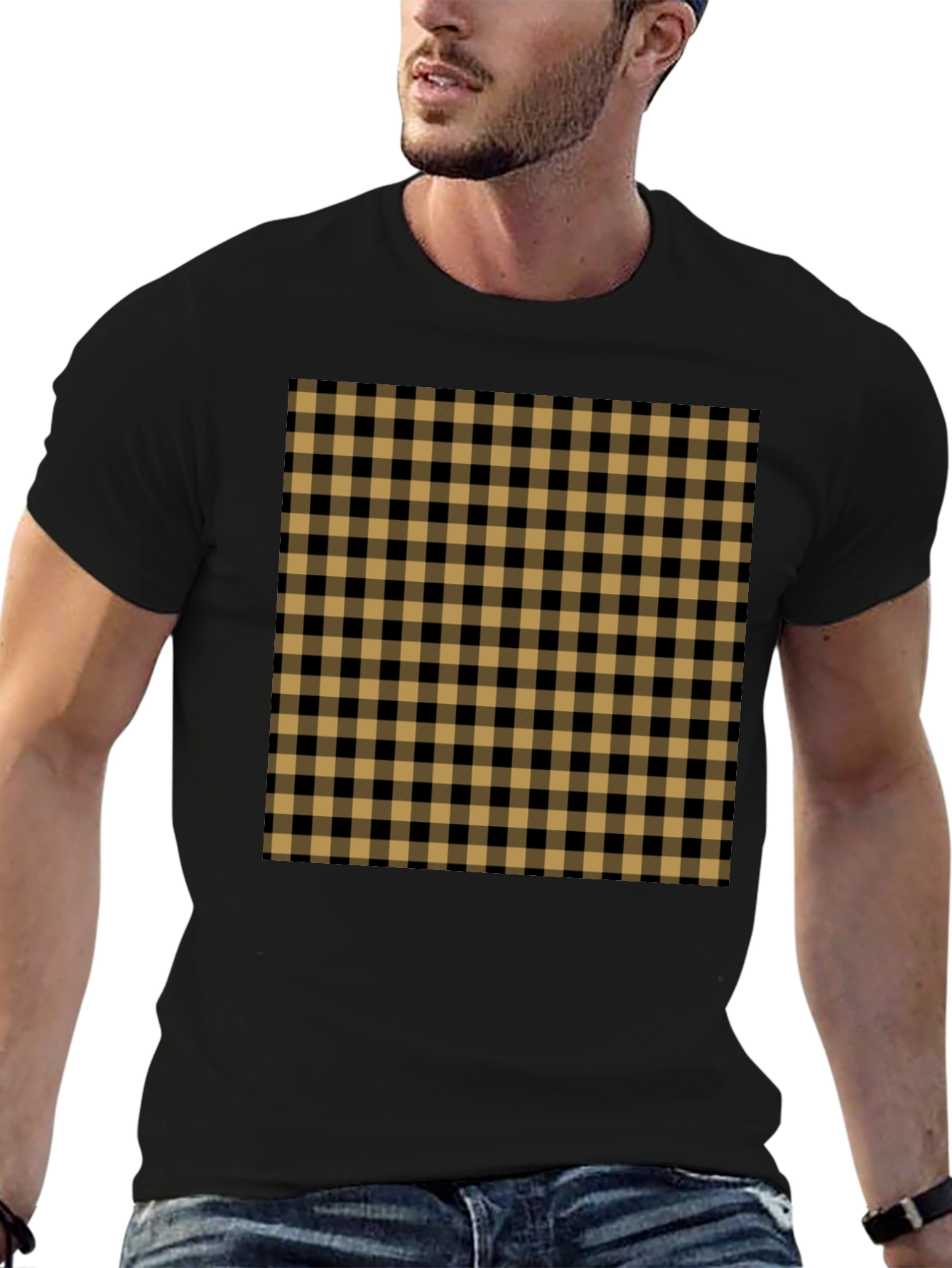 Mens Black Tee with Tan Plaid Design