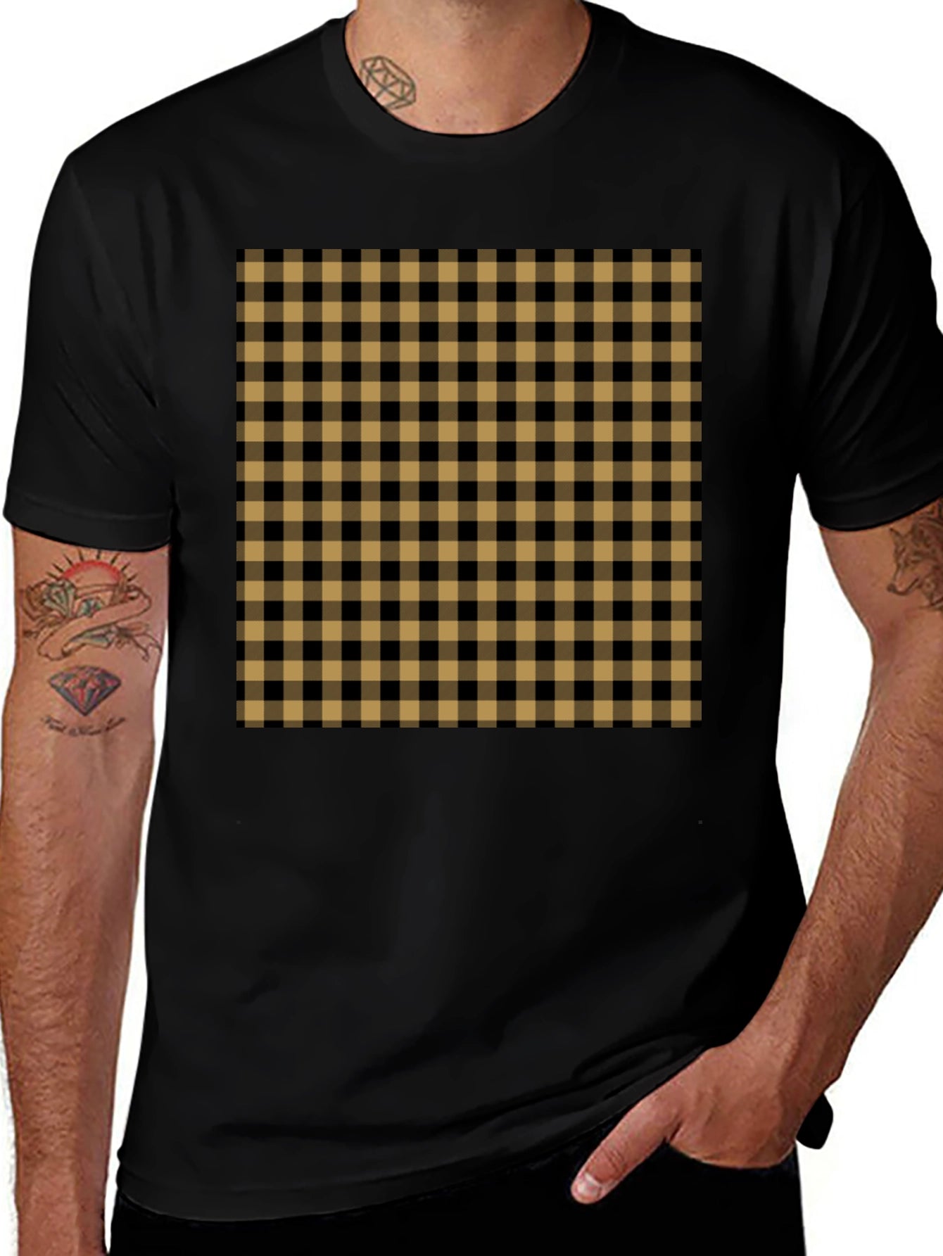 Mens Black Tee with Tan Plaid Design