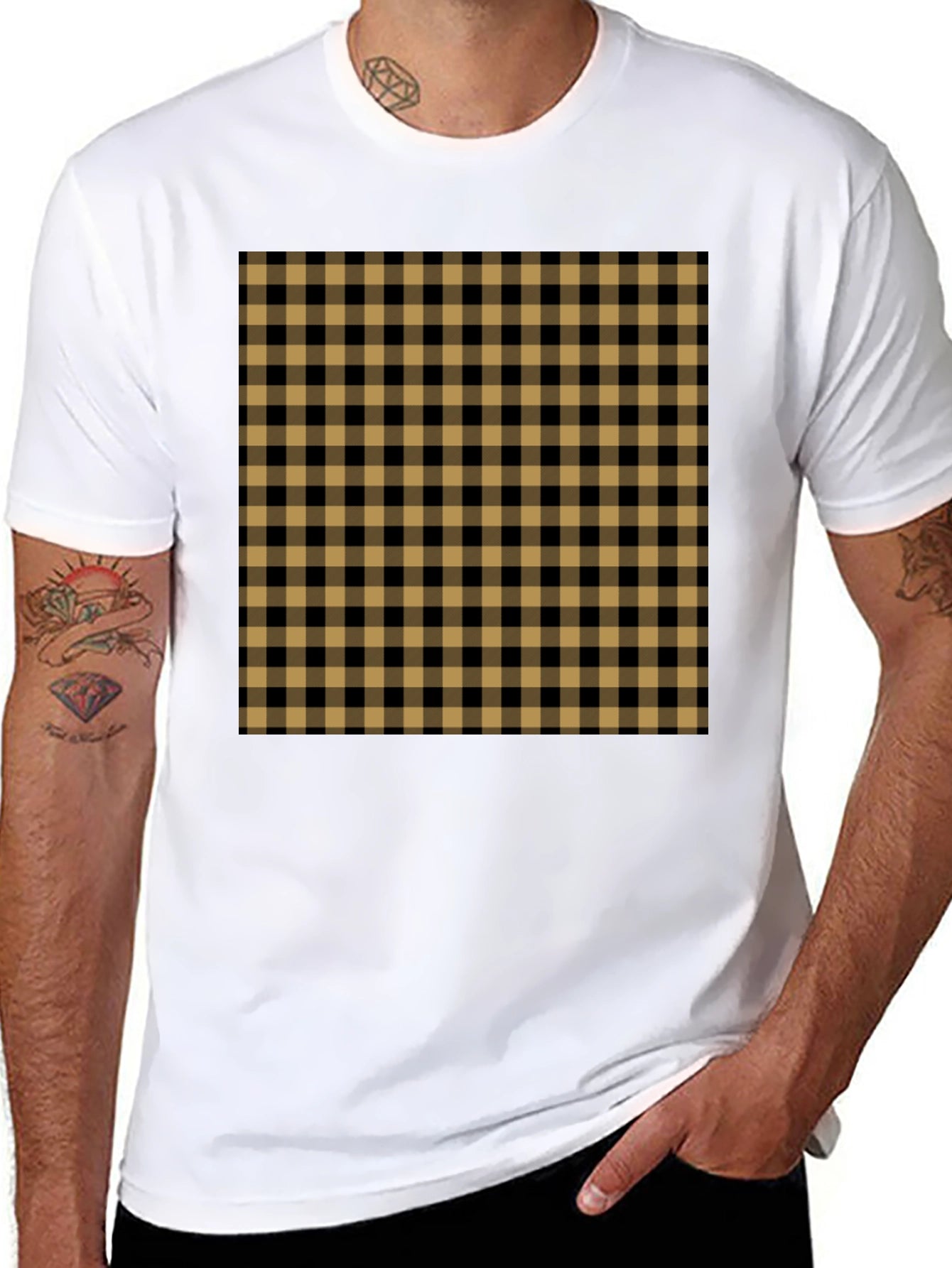 Mens Black Tee with Tan Plaid Design