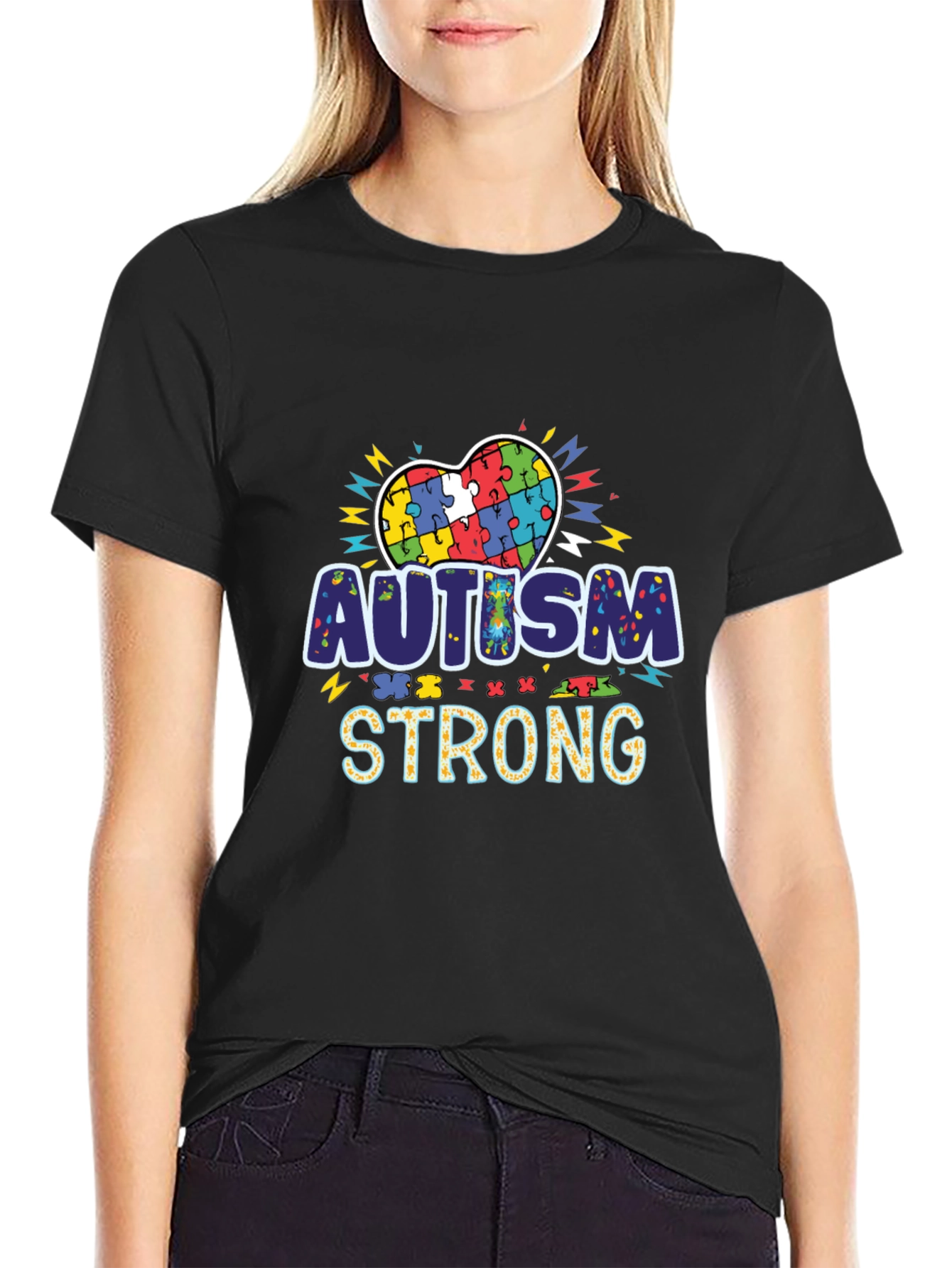 Autism Strong Puzzle Heart Black T-Shirt