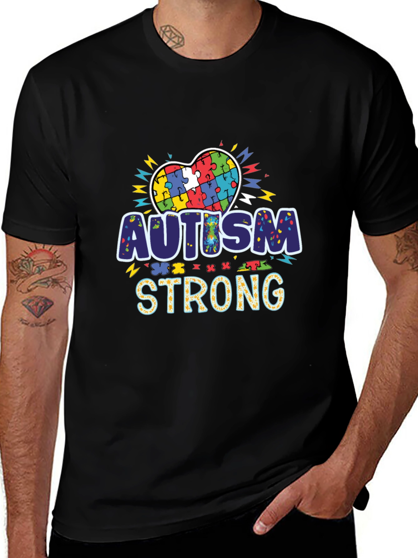 Autism Strong Puzzle Heart Black T-Shirt