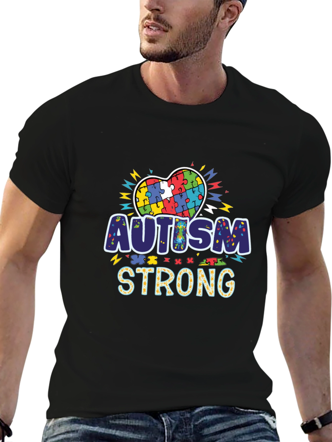 Autism Strong Puzzle Heart Black T-Shirt
