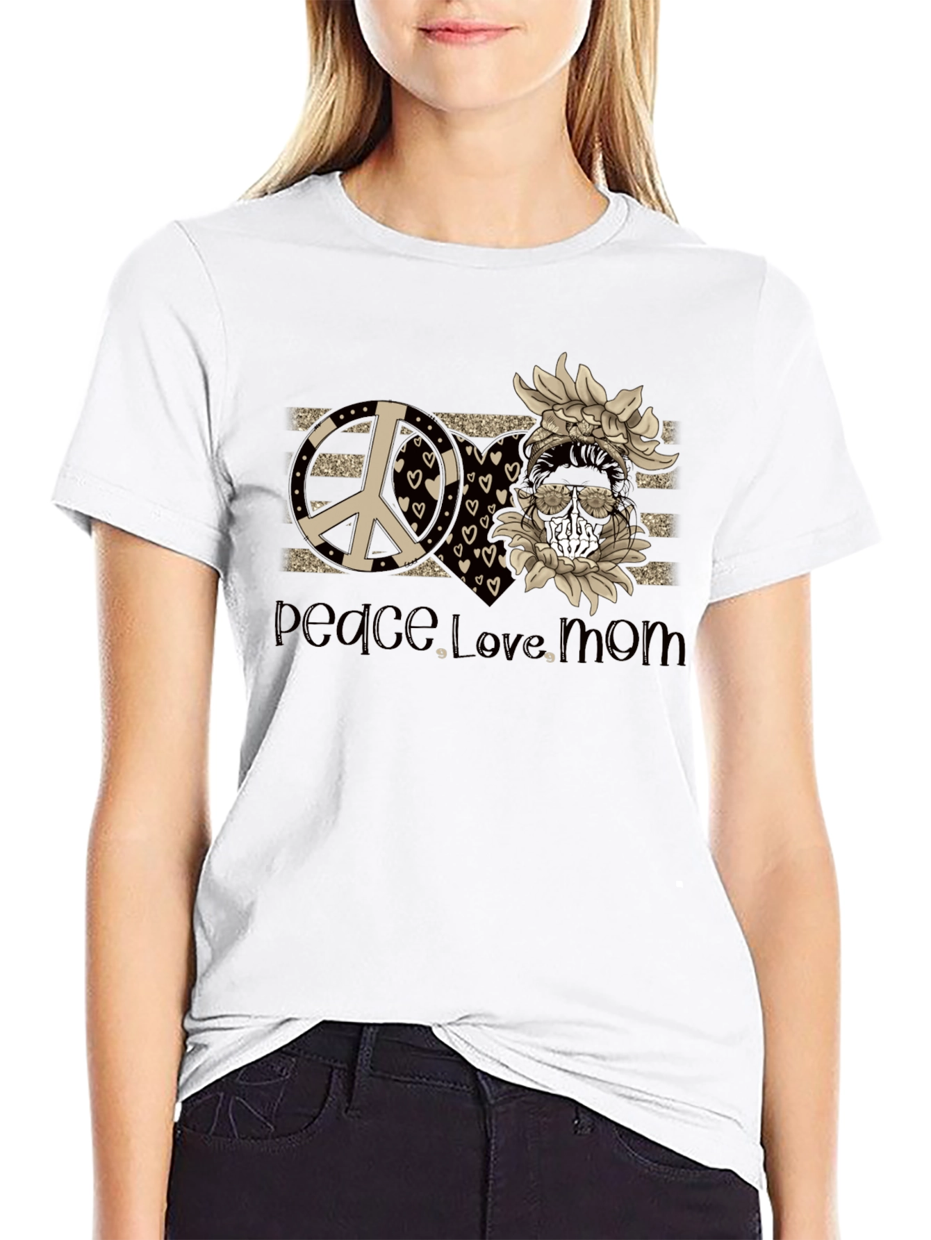 Peace Love Mom T-Shirt Skull Sunflower Tee