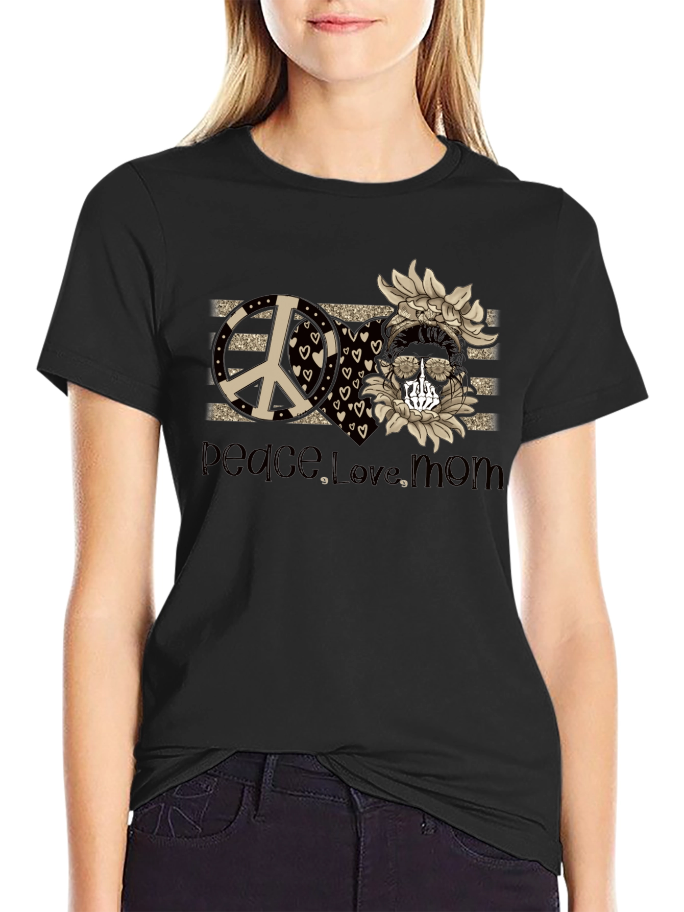 Peace Love Mom T-Shirt Skull Sunflower Tee
