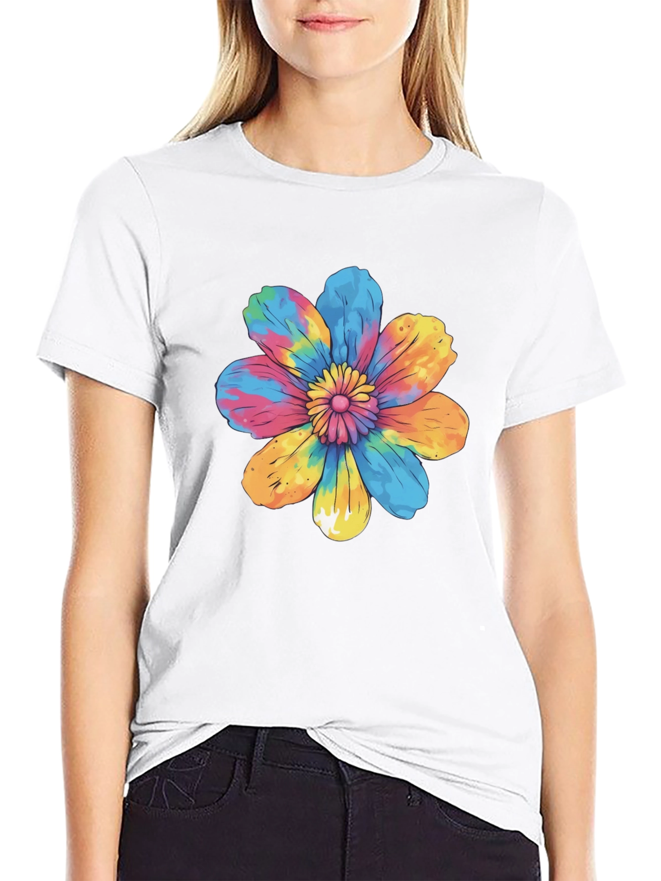 Tie-Dye Flower Graphic Black T-Shirt