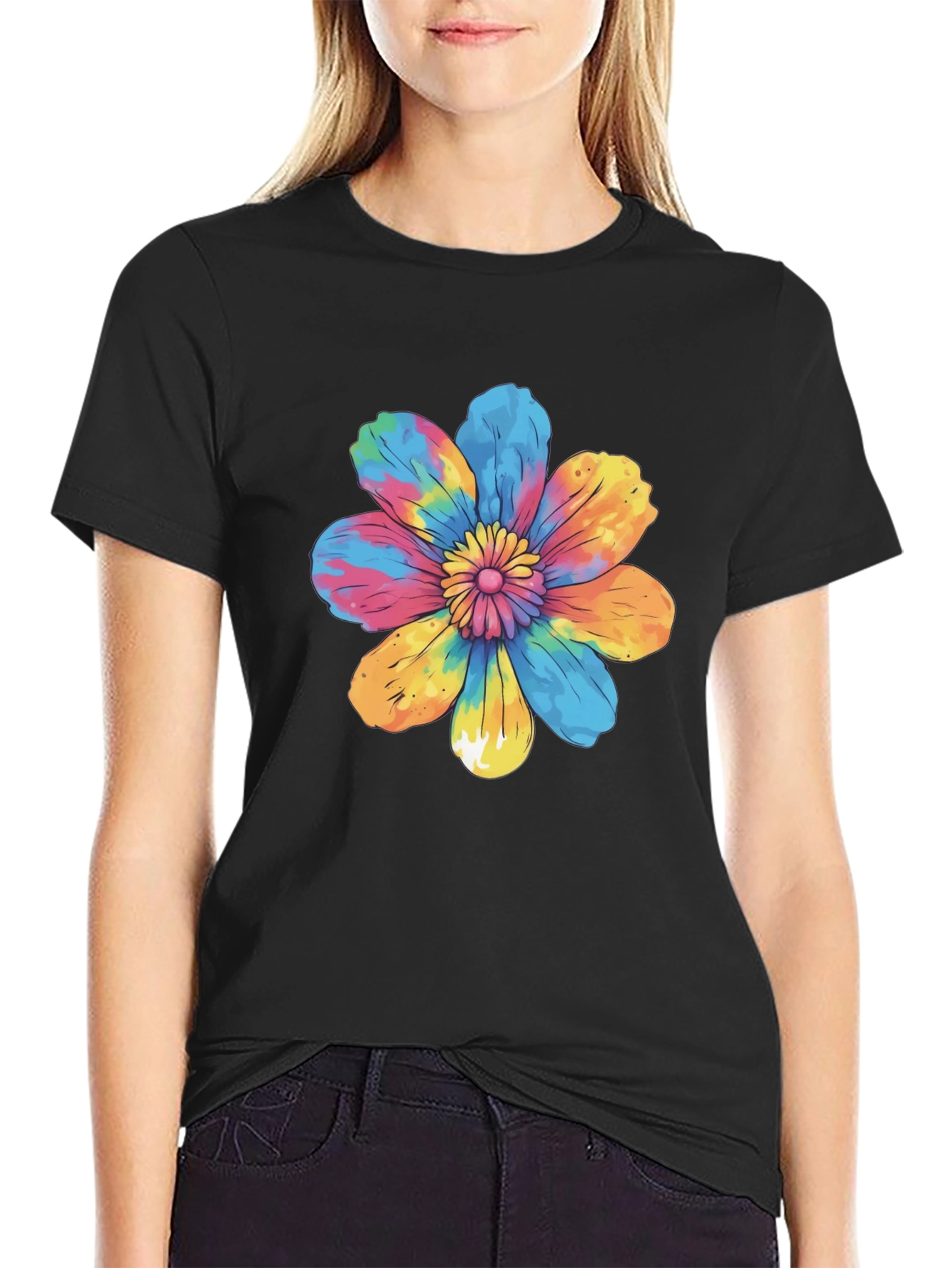 Tie-Dye Flower Graphic Black T-Shirt