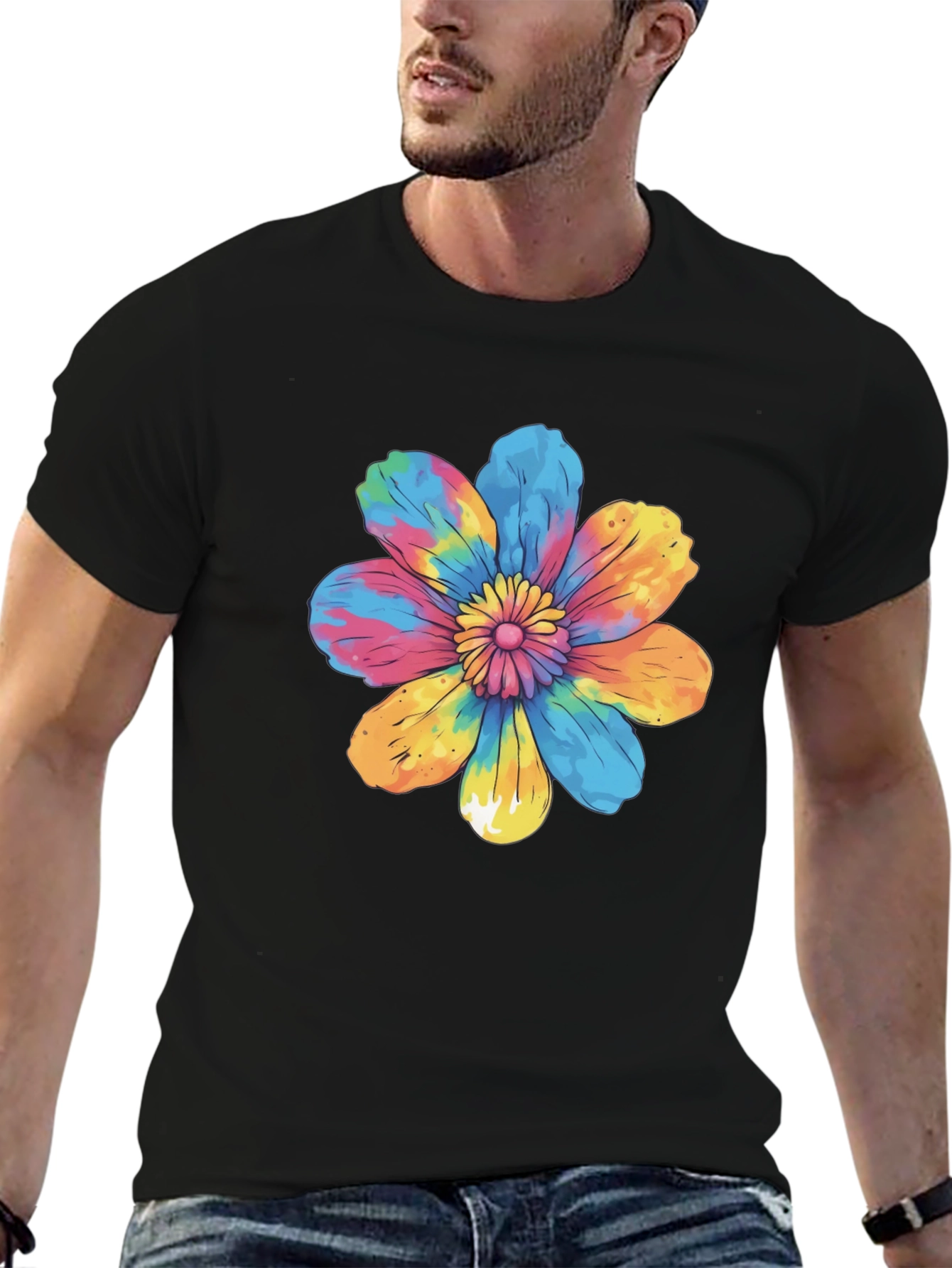 Tie-Dye Flower Graphic Black T-Shirt