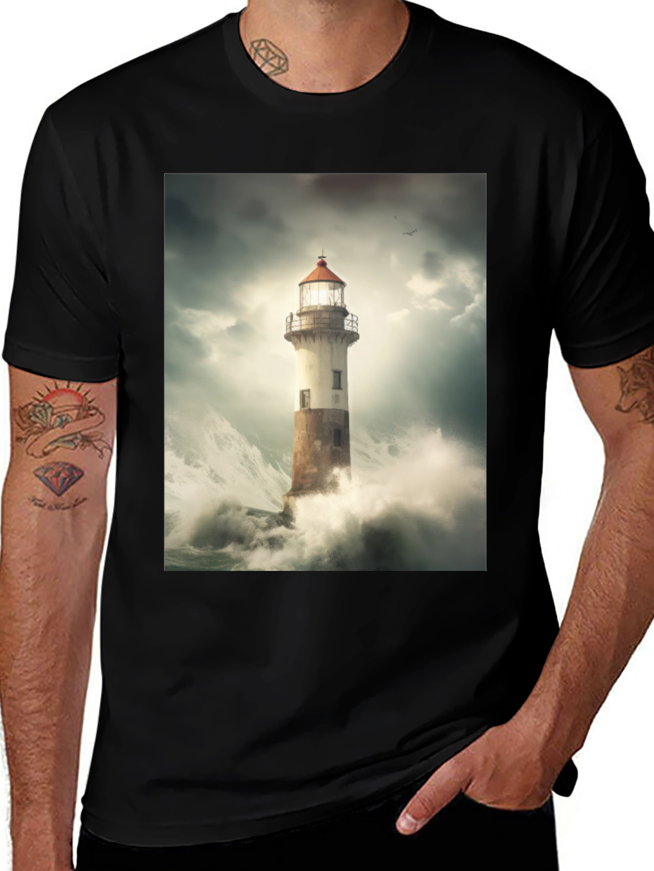 Lighthouse Storm Graphic Tee - Black Cotton T-Shirt