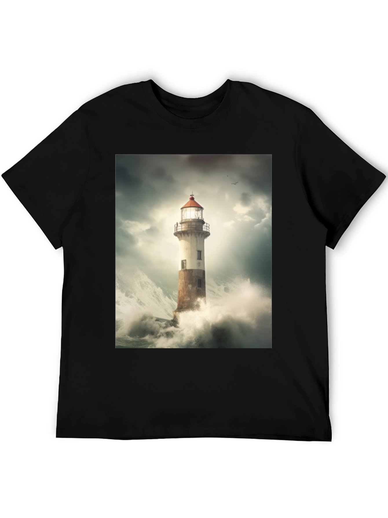 Lighthouse Storm Graphic Tee - Black Cotton T-Shirt