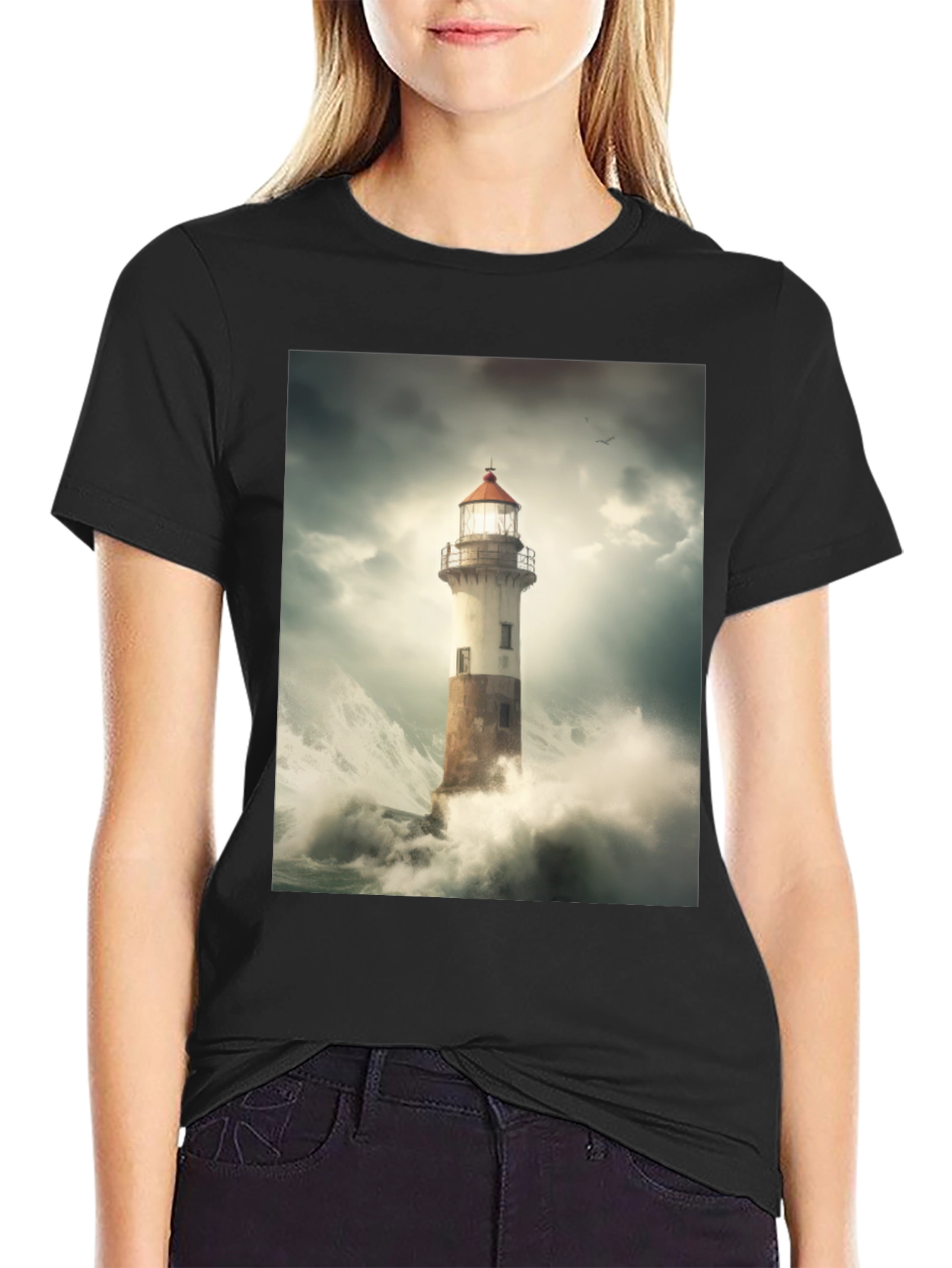 Lighthouse Storm Graphic Tee - Black Cotton T-Shirt