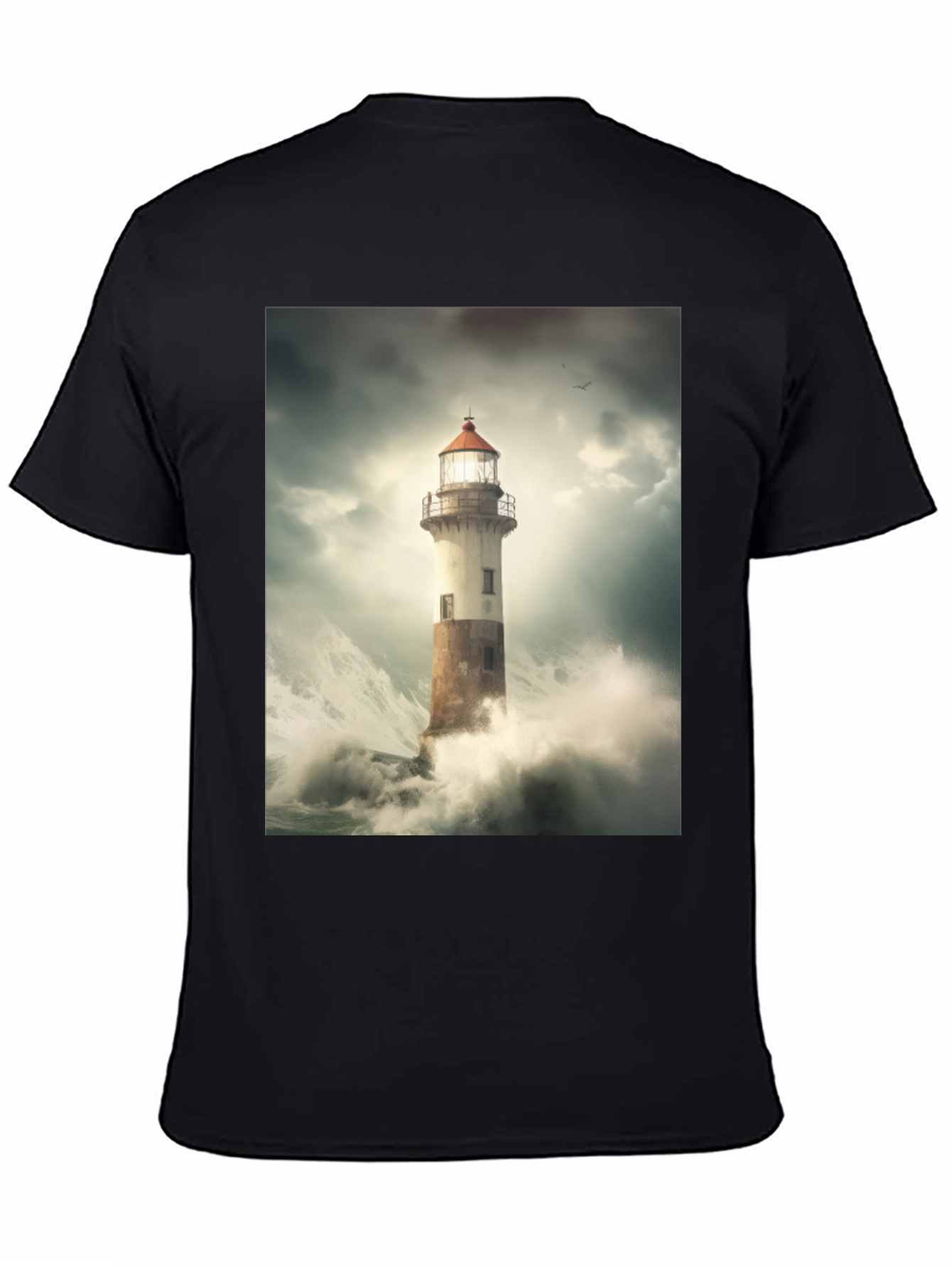 Lighthouse Storm Graphic Tee - Black Cotton T-Shirt