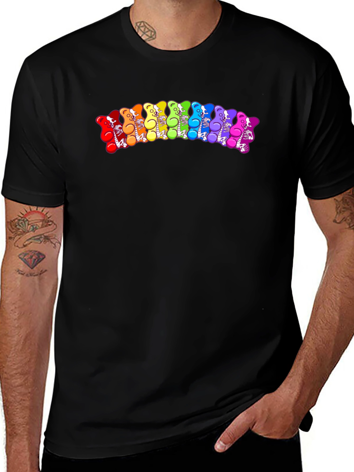 Rainbow Gummy Bear Skeleton Graphic Tee - Black