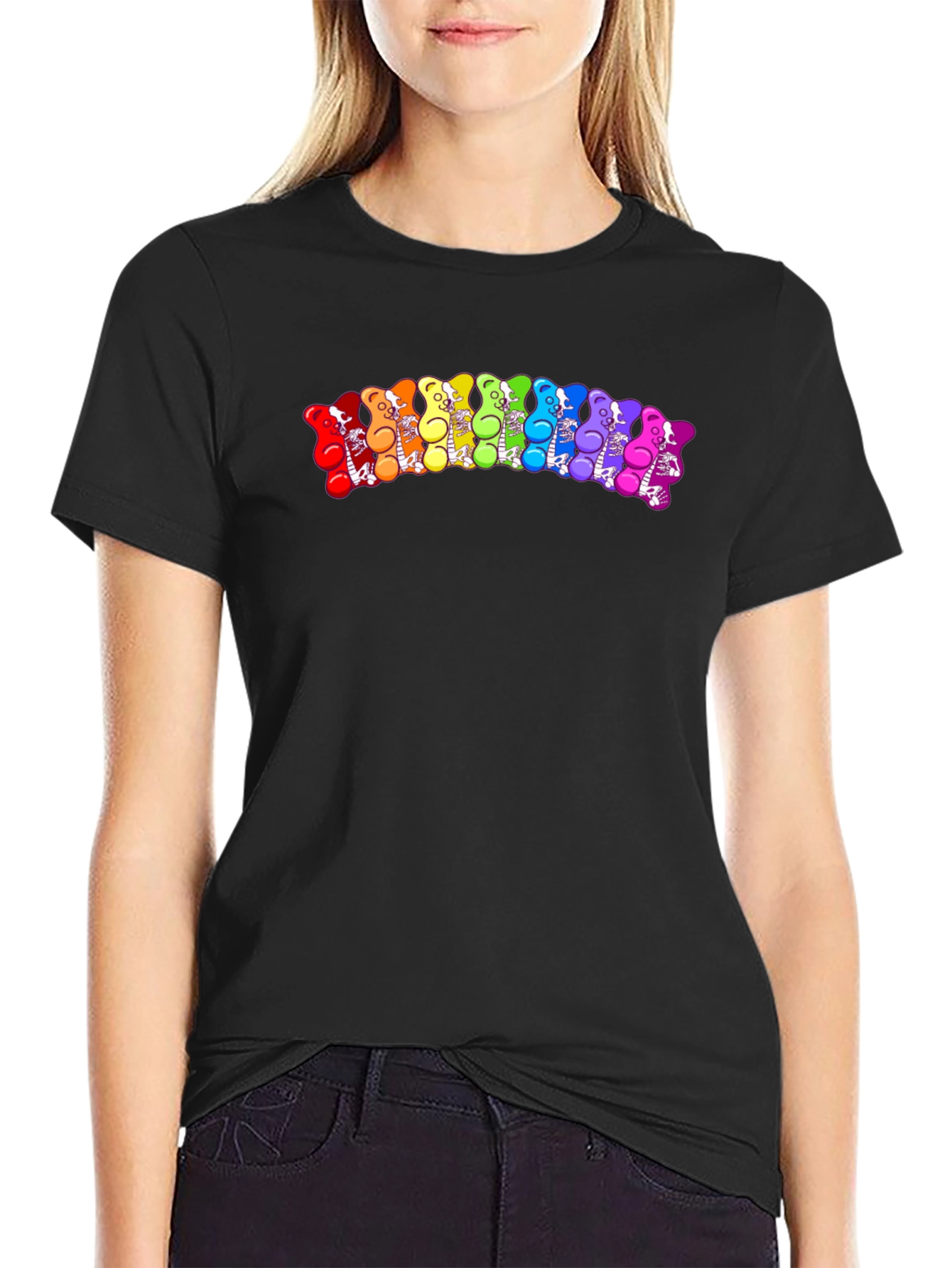 Rainbow Gummy Bear Skeleton Graphic Tee - Black