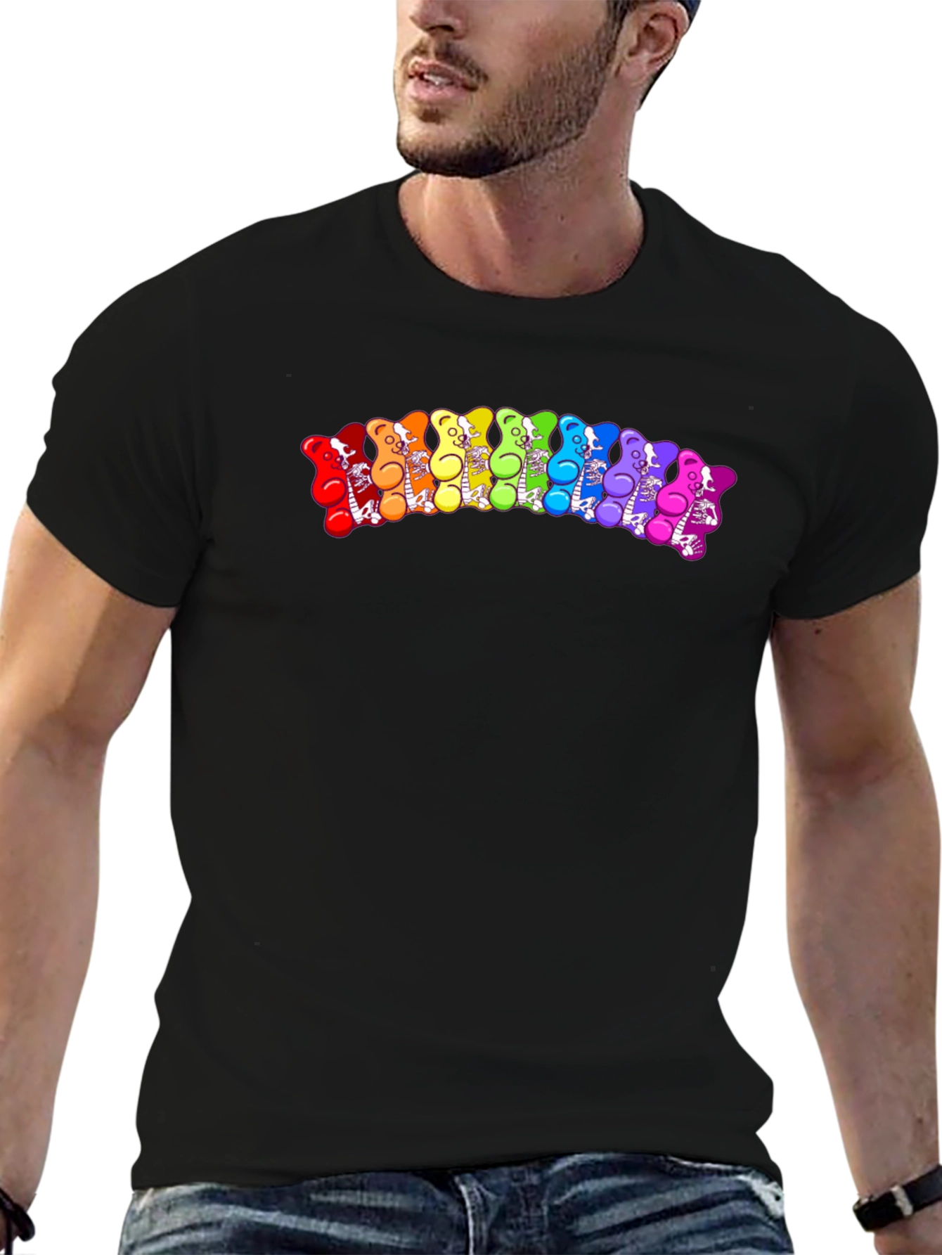 Rainbow Gummy Bear Skeleton Graphic Tee - Black