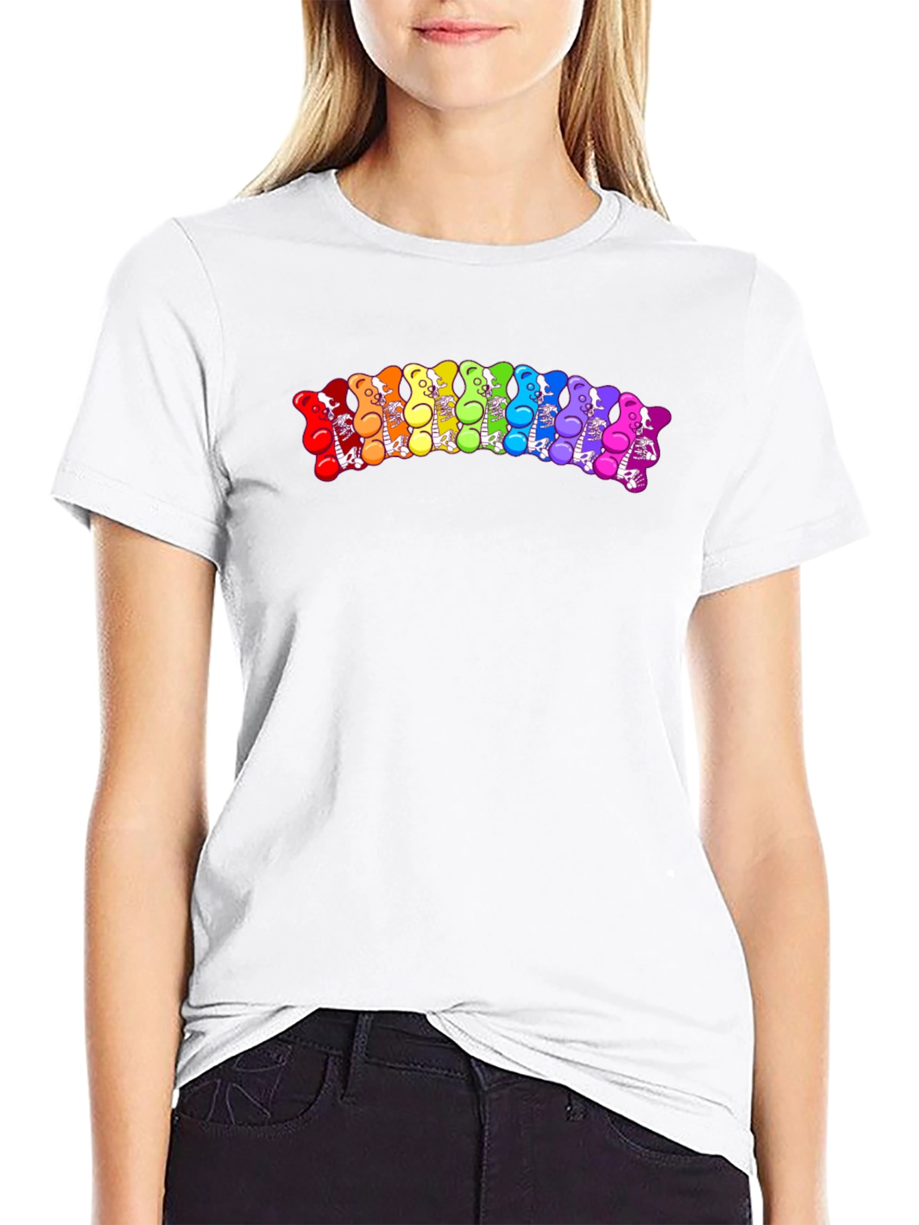 Rainbow Gummy Bear Skeleton Graphic Tee - Black