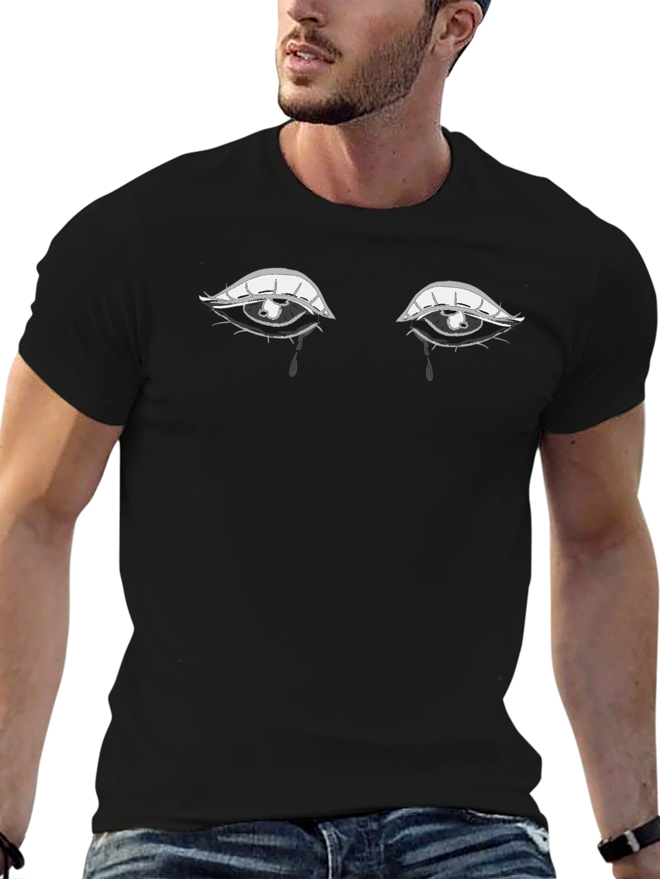 Tearful Eyes Graphic Tee - Expressive Black T-Shirt