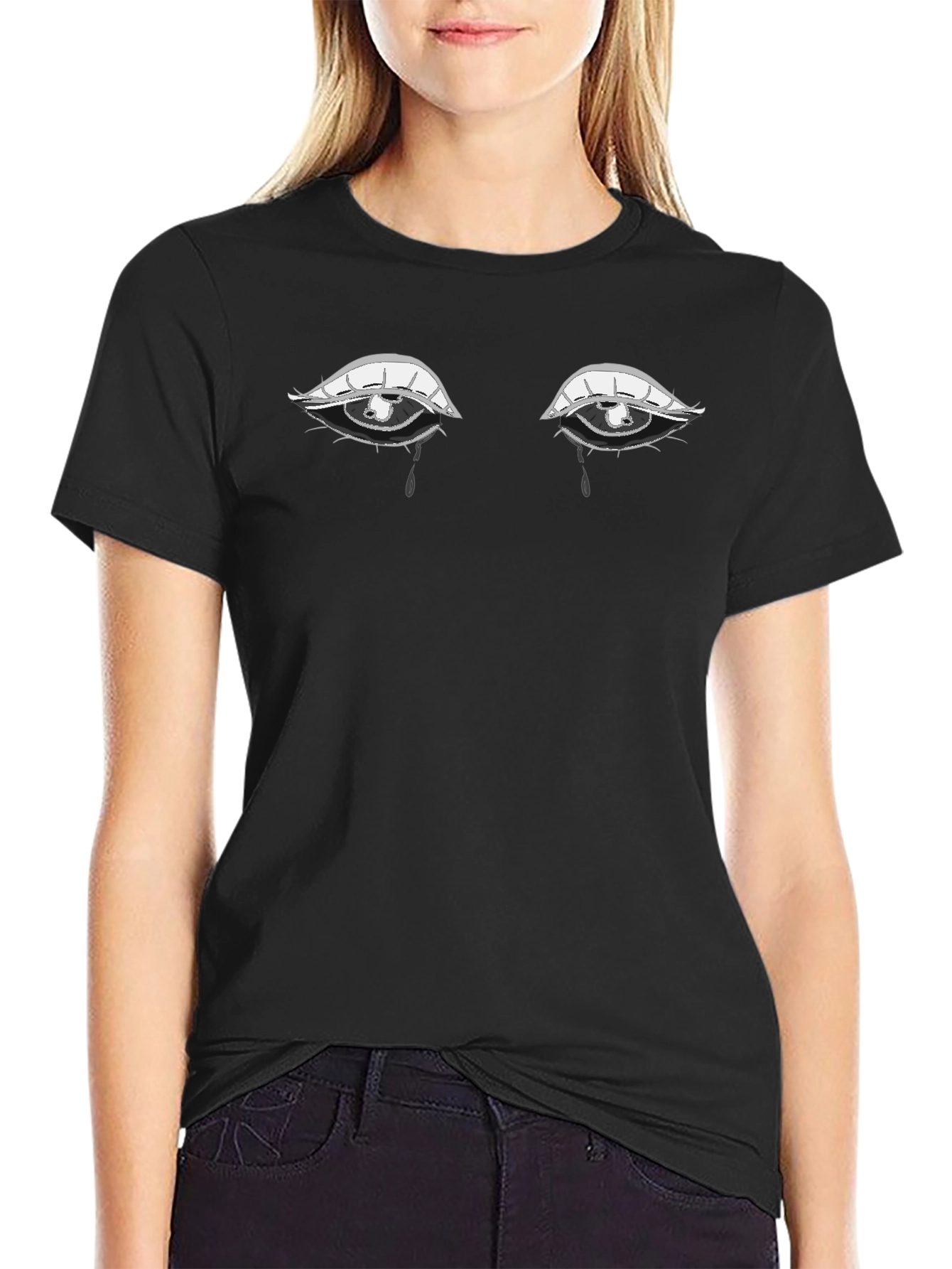 Tearful Eyes Graphic Tee - Expressive Black T-Shirt