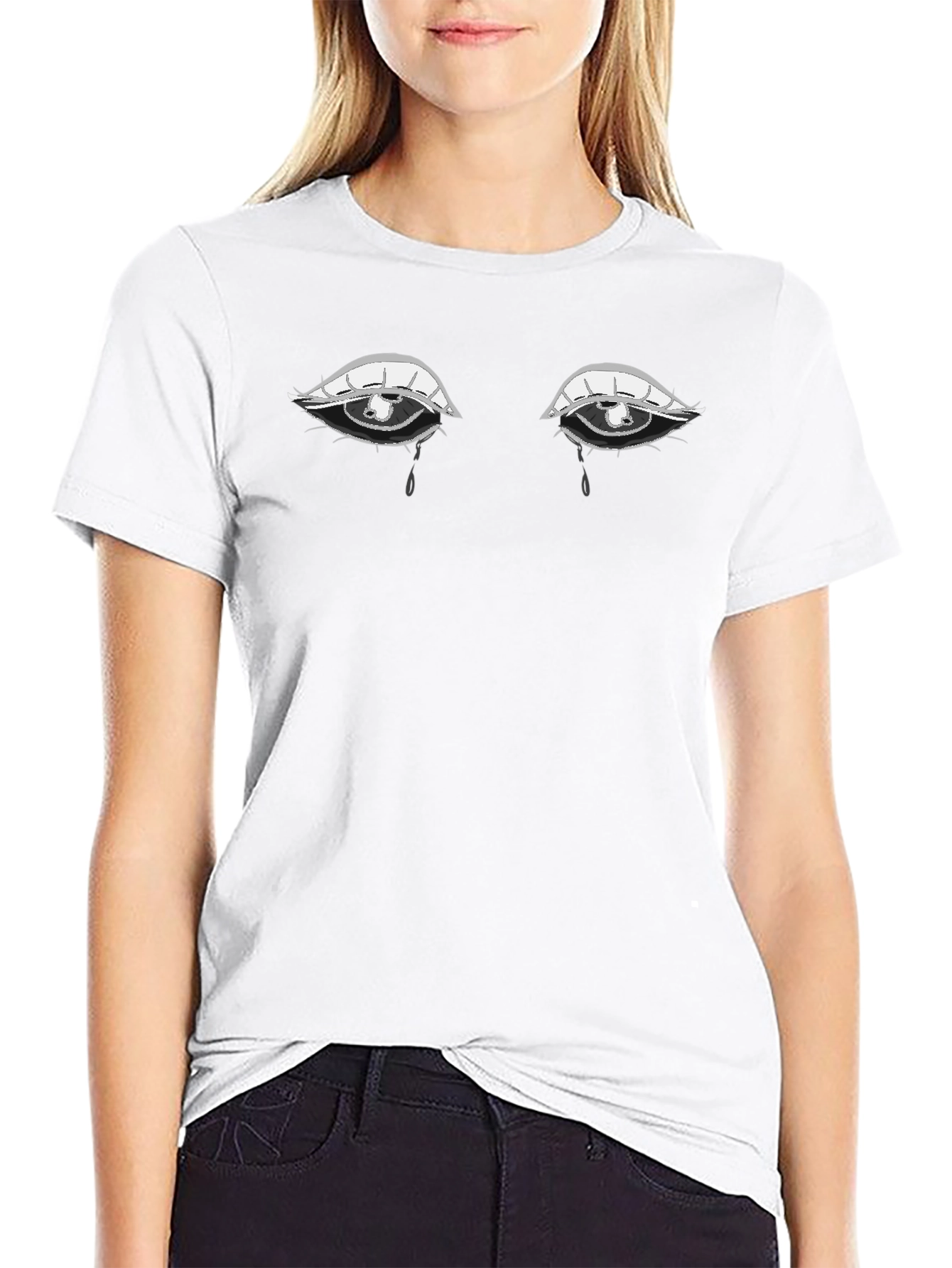 Tearful Eyes Graphic Tee - Expressive Black T-Shirt