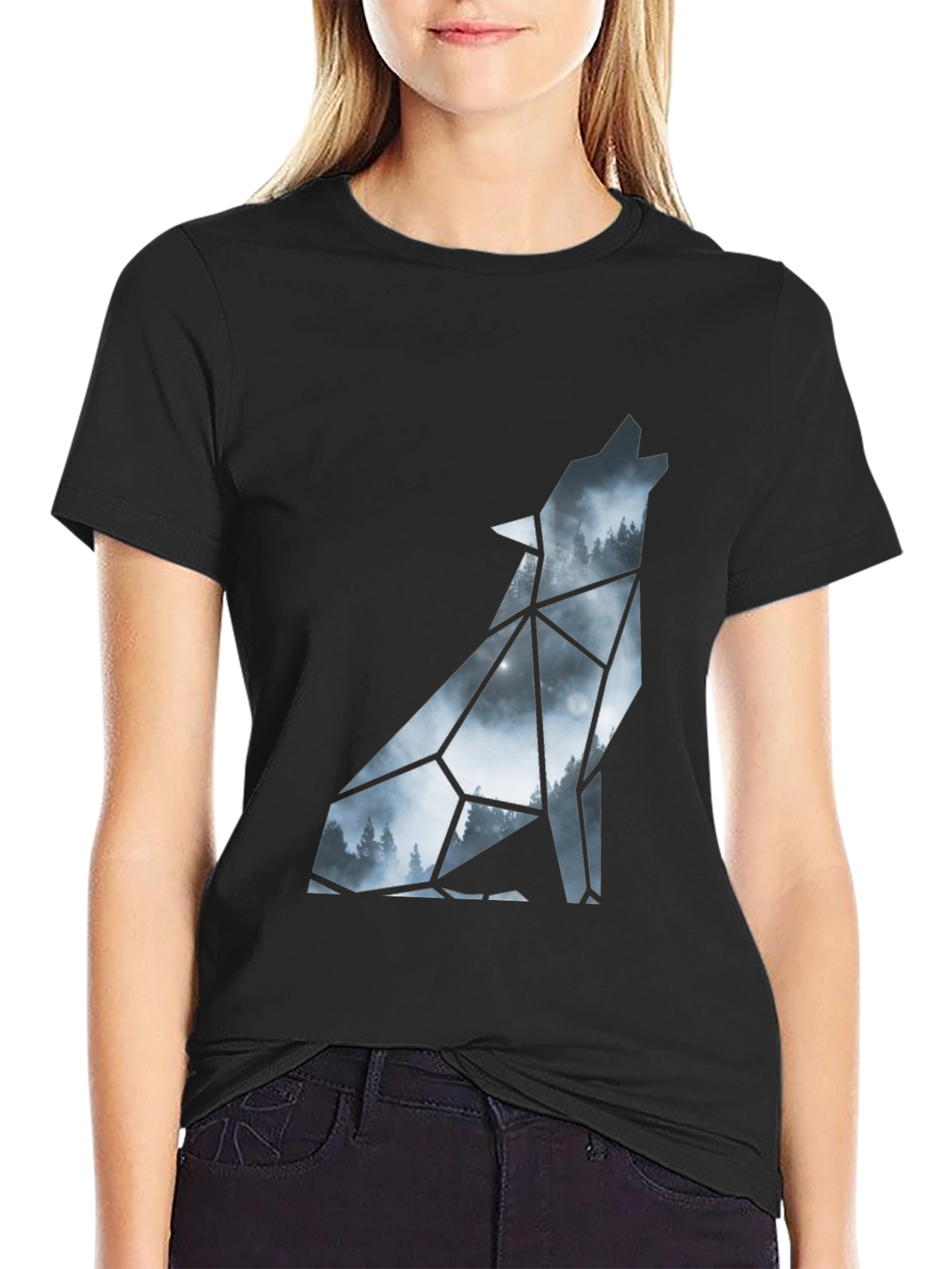 Geometric Wolf Silhouette Black T-Shirt