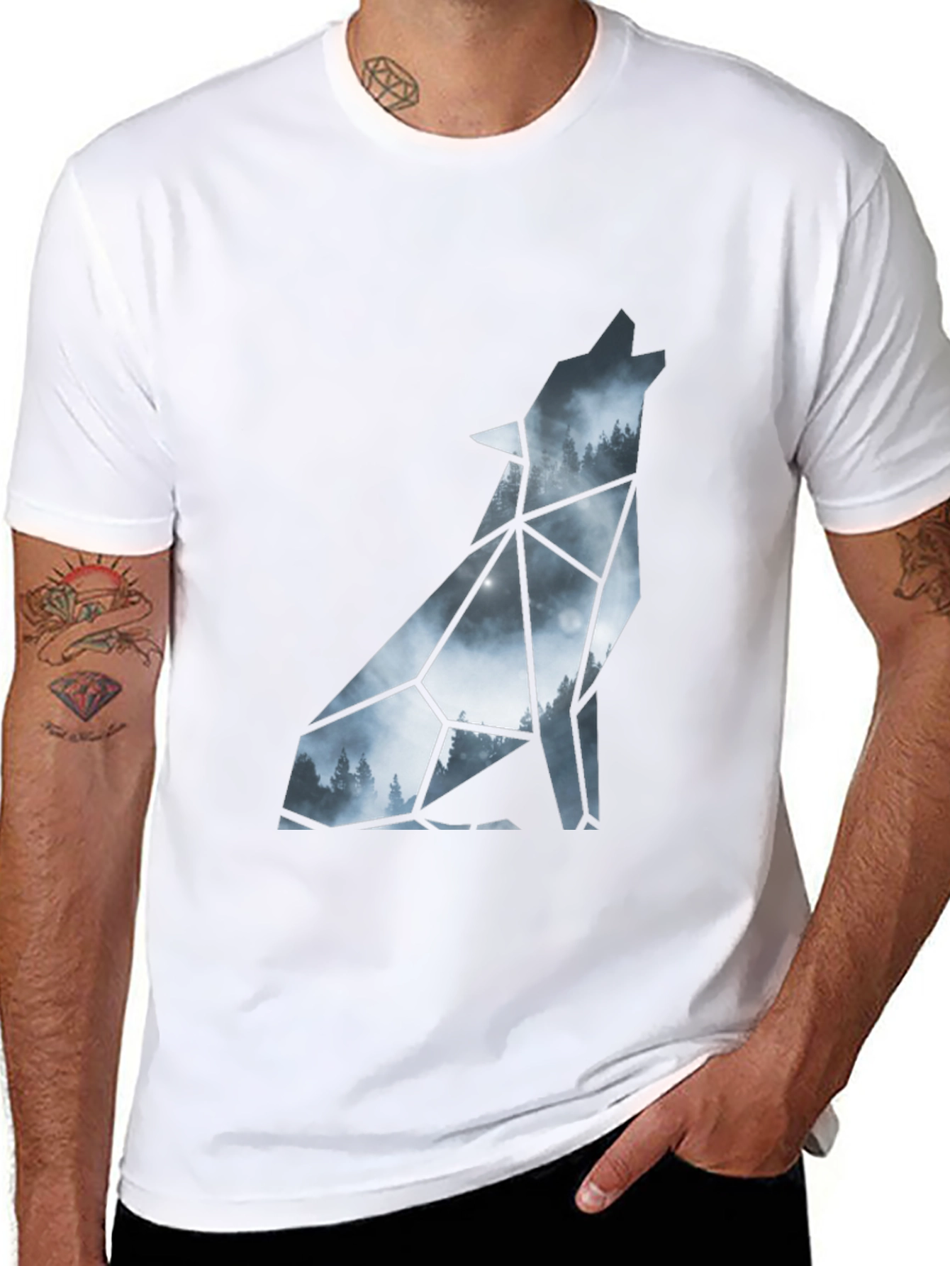 Geometric Wolf Silhouette Black T-Shirt