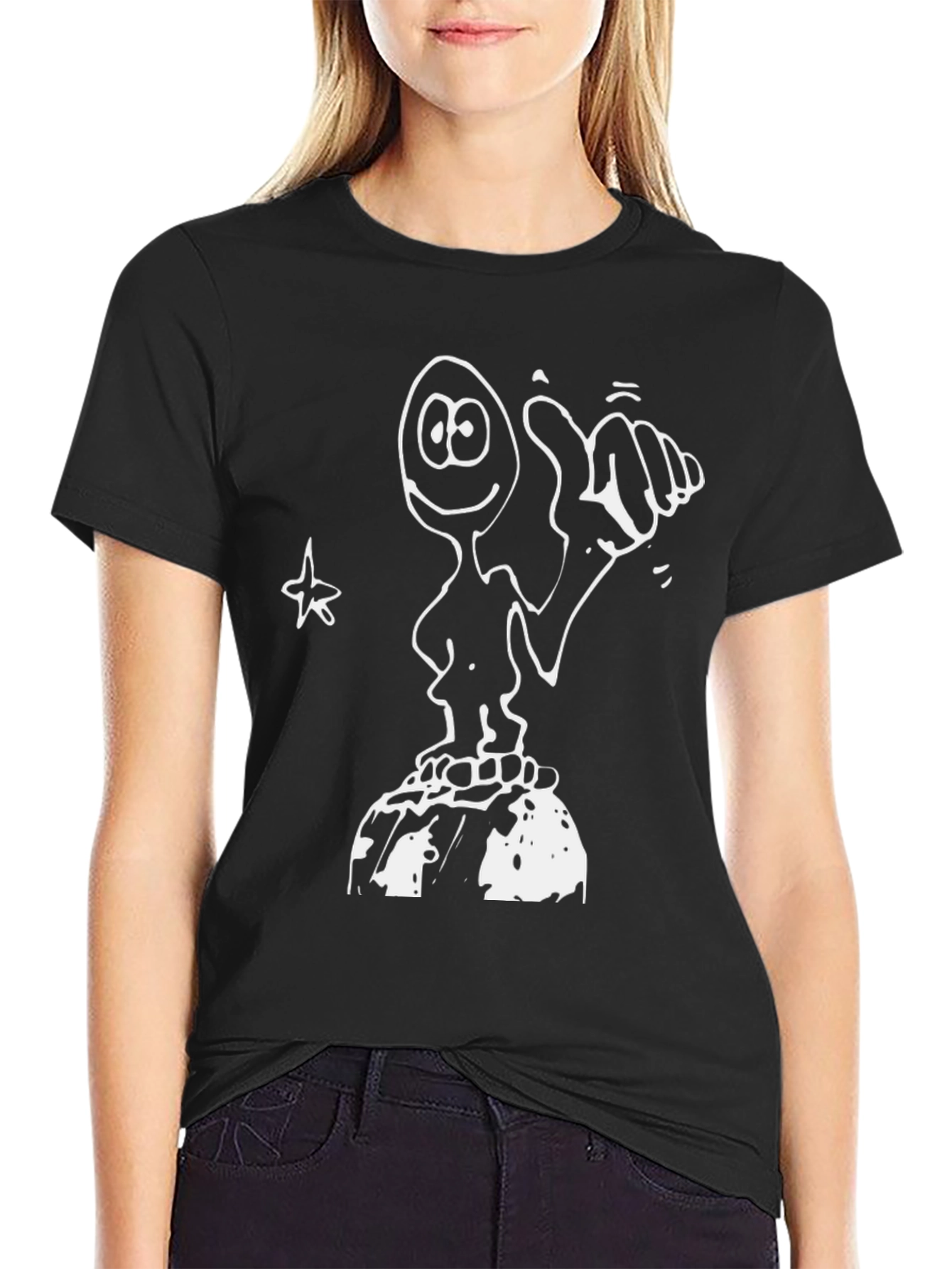 Humorous Hand-Drawn Character Black T-Shirt