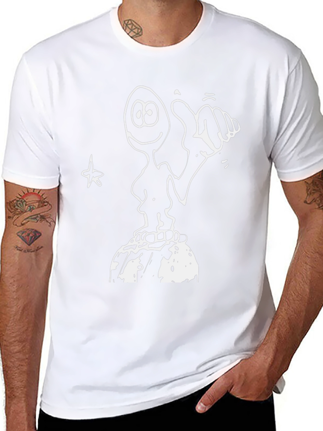 Humorous Hand-Drawn Character Black T-Shirt