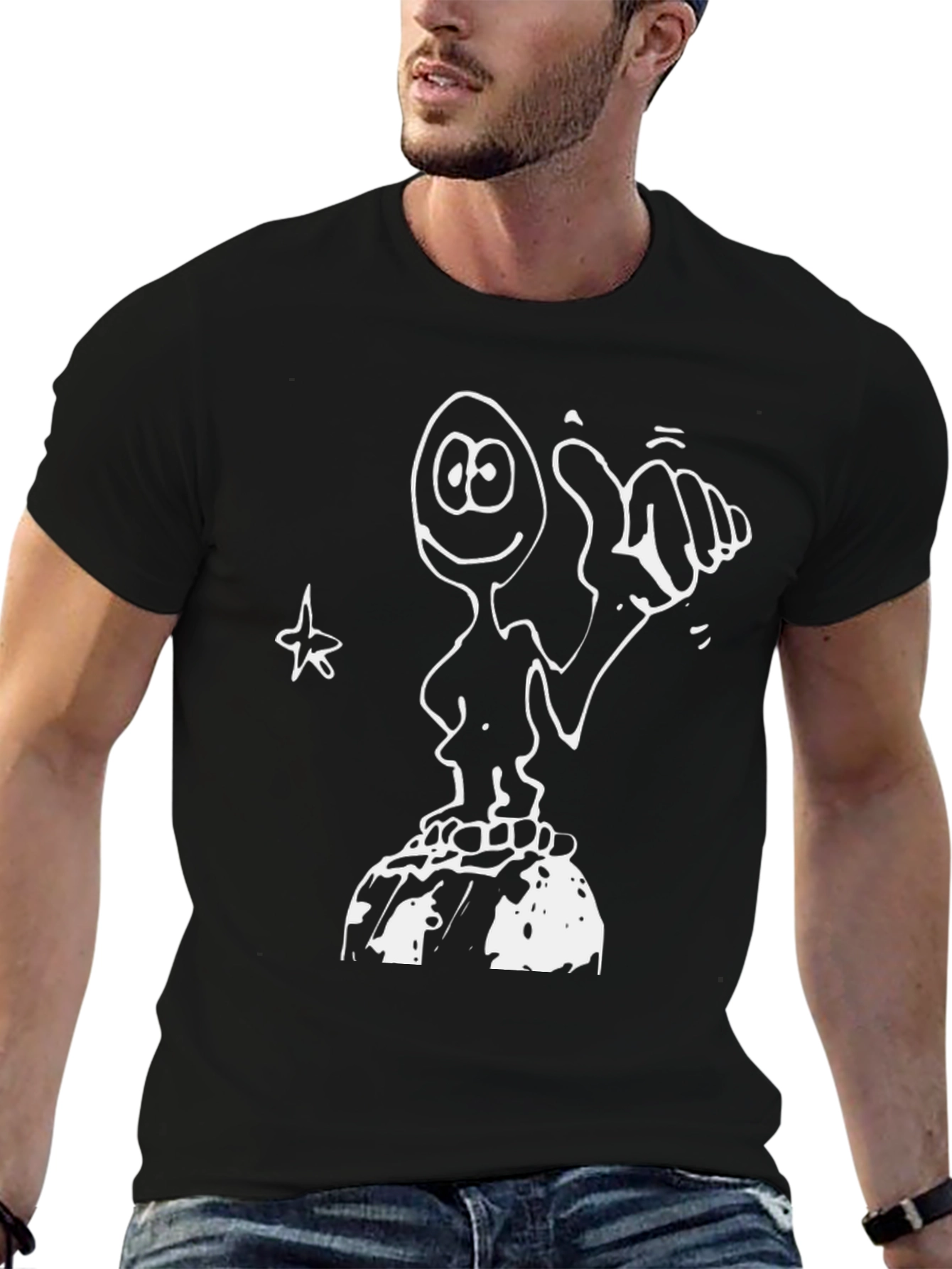 Humorous Hand-Drawn Character Black T-Shirt
