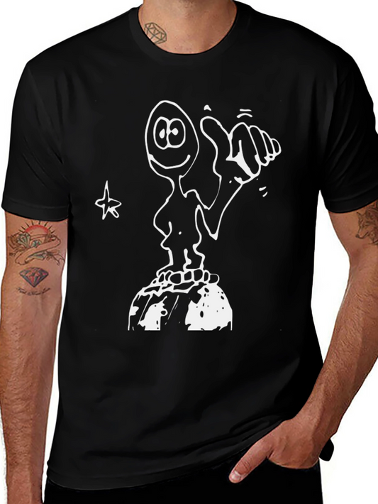 Humorous Hand-Drawn Character Black T-Shirt
